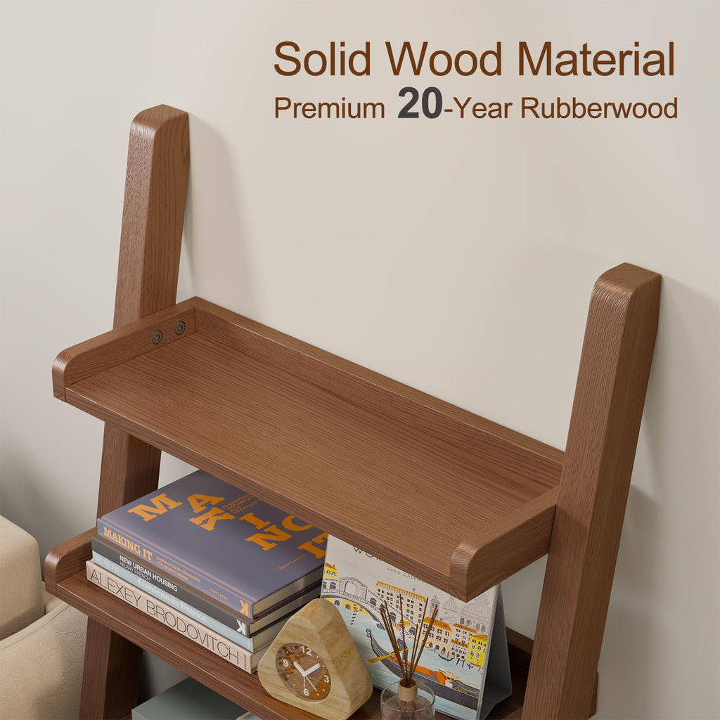 AQIMUELE Walnut Wooden Ladder Shelf with Edges, 5-Tier Modern Leaning Bookshelf Ladder – Stylish Space-Saving Bookcase for Living Room, Bedroom & Home Office