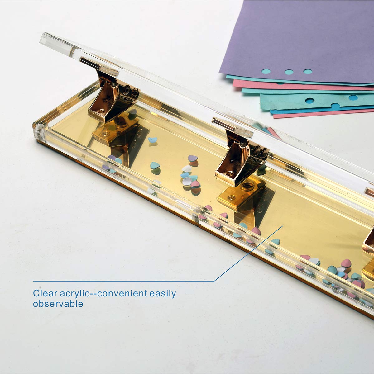 EXPUTRAN Acrylic and Gold Standard 3 Hole Punch,10 Sheet Capacity, Desktop Hole Puncher 3 Ring, Office Desktop Accessory,Clear/Gold