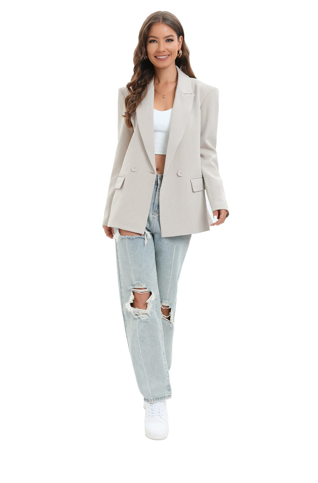 TRNY Women's Oversized Double-Breasted Houndstooth Blazer Jacket with Pockets - Long Sleeve Casual Boyfriend Style Work Office Blazer in Mini Beige