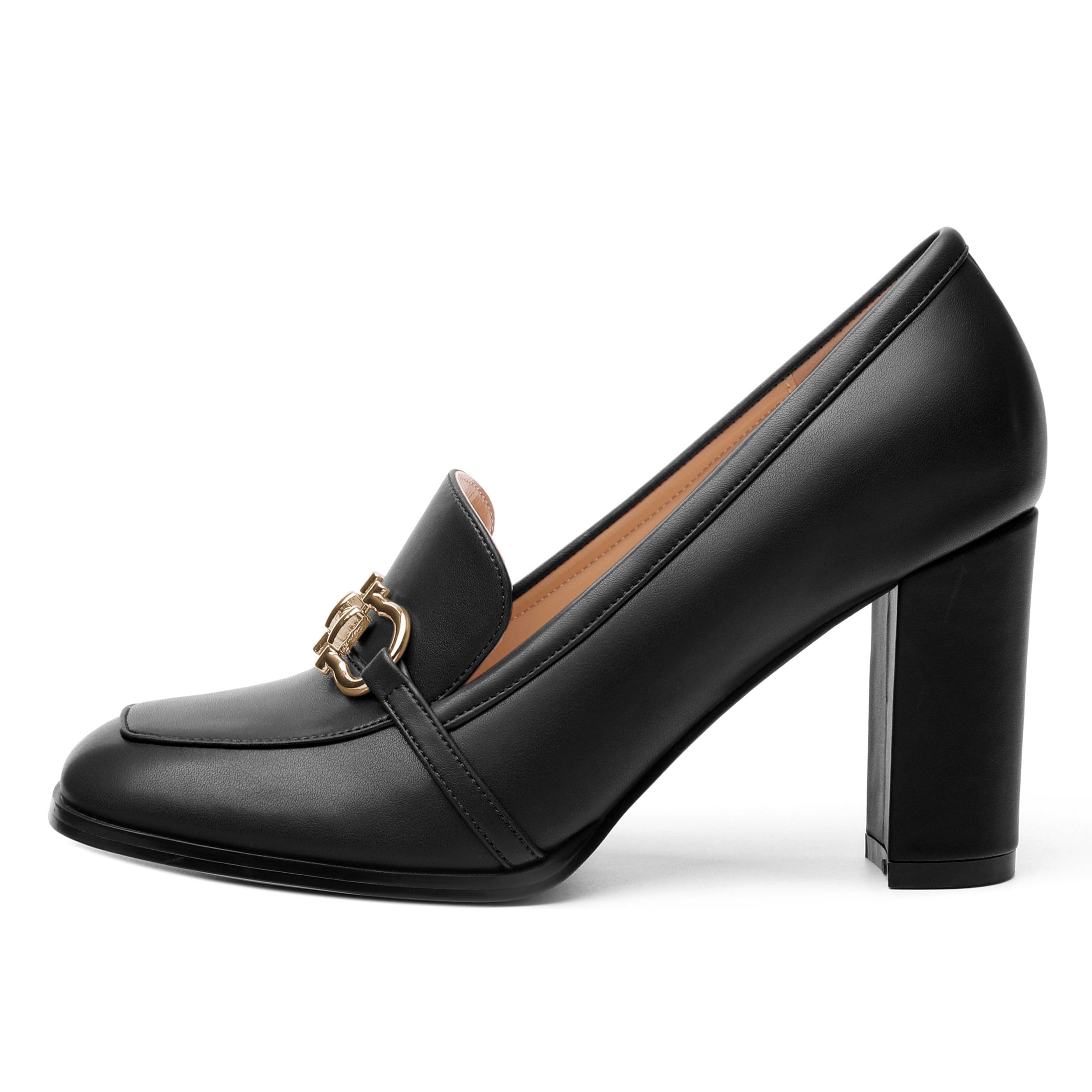 WEANDWEI Women's Loafers - Square Toe High Heels Shoes for Women, Metal Buckle Fashion Women's Pumps Shoes for Party Dress Wedding Office Black Matte Size 7.5