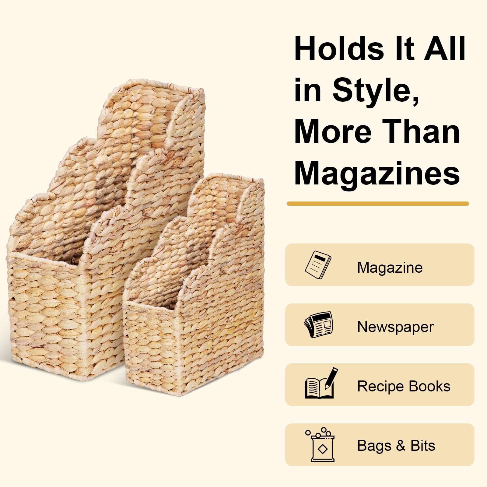 BROWNLILY Water Hyacinth Magazine Holders with Scalloped Edge - Natural Handwoven Rattan Storage Baskets Set of 2 (Large & Small) for Books, Home Office Decor