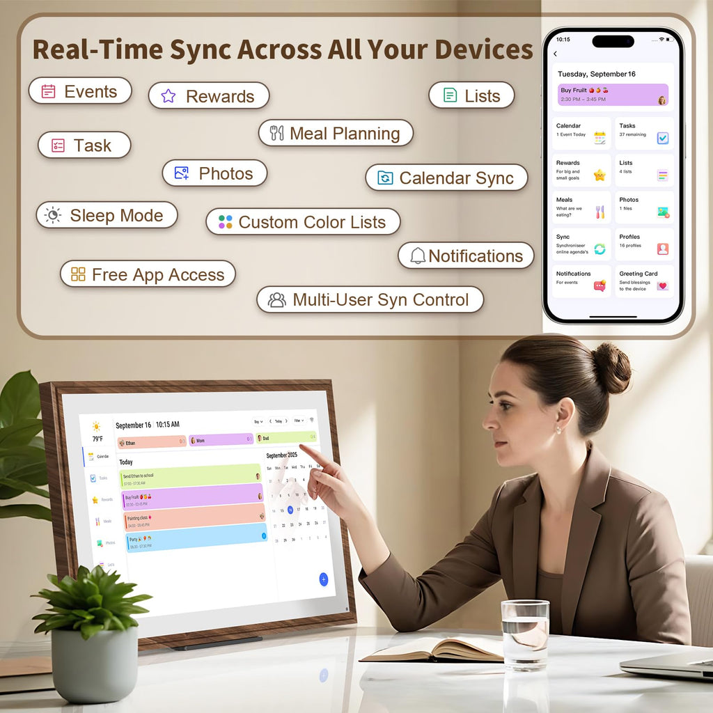 15.6 Inch Digital Calendar Chore Chart with Touchscreen - Full HD Interactive Display, Wall & Desk Mountable Family Planner, to-Do List & Meal Planner, Digital Picture Frame for Gifts for Women Mom