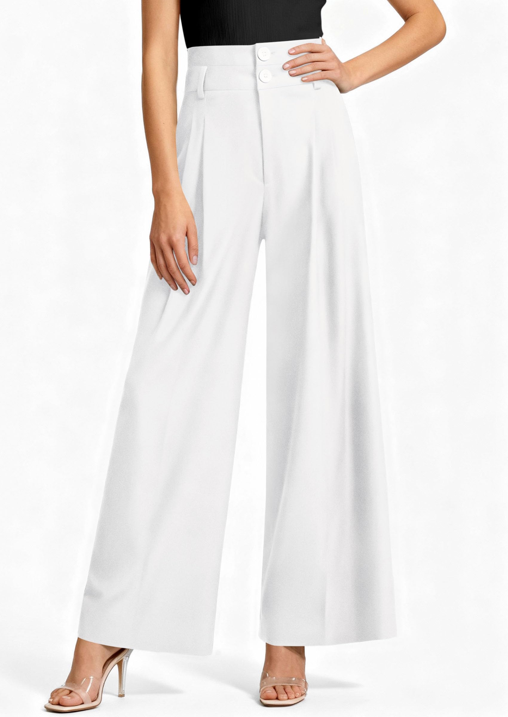PRETTYGARDEN Womens Spring Wide Leg Palazzo Pants 2026 Trendy Loose Button High Waist Pleated Work Business Casual Trousers (White,Medium)