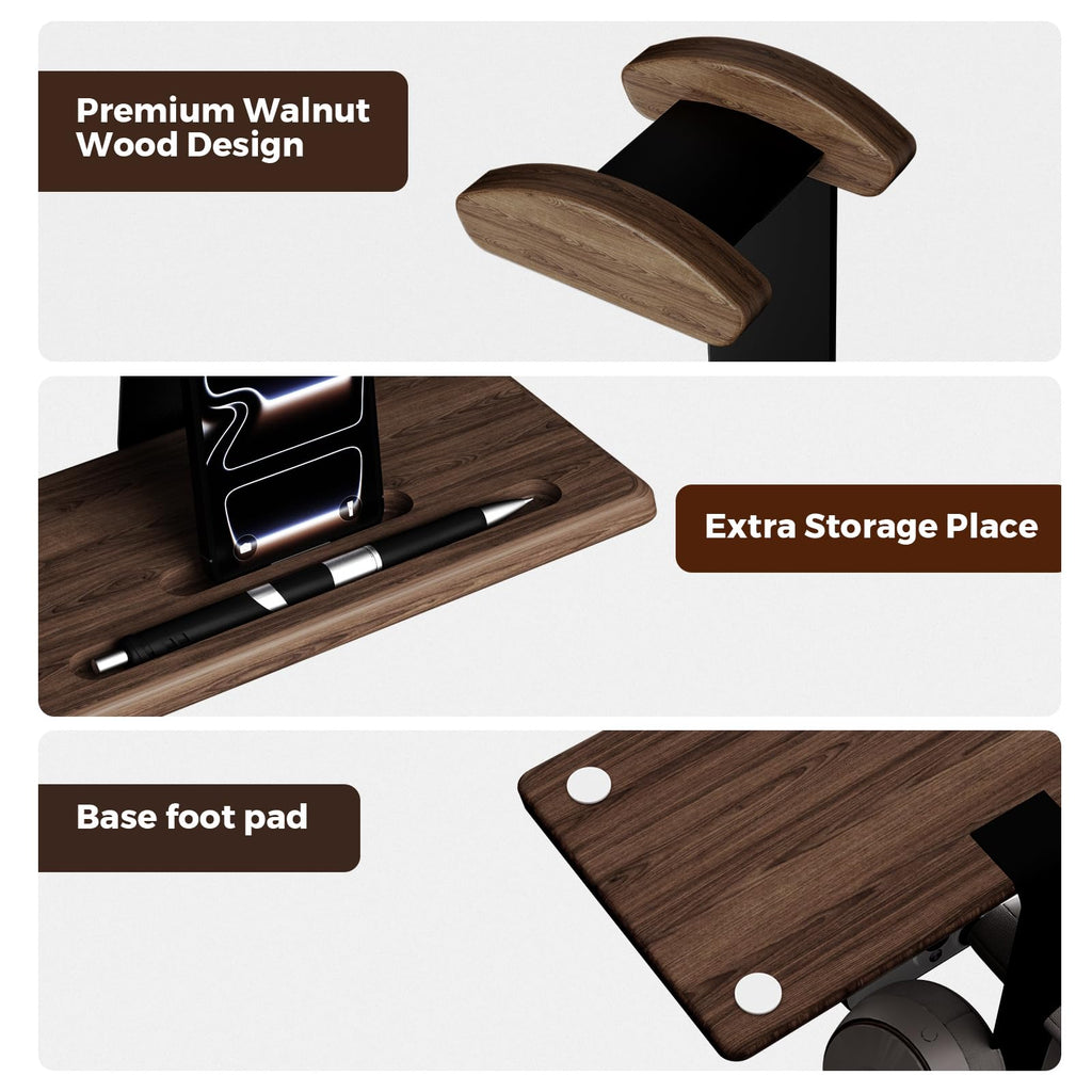 DEMEGA Walnut Headset Stand for Desk with Phone Holder | Headphone Stand Headphone Holder (Dark Walnut)