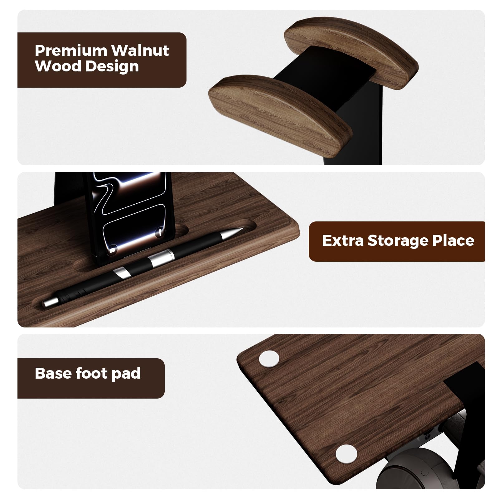 DEMEGA Walnut Headset Stand for Desk with Phone Holder | Headphone Stand Headphone Holder (Dark Walnut)