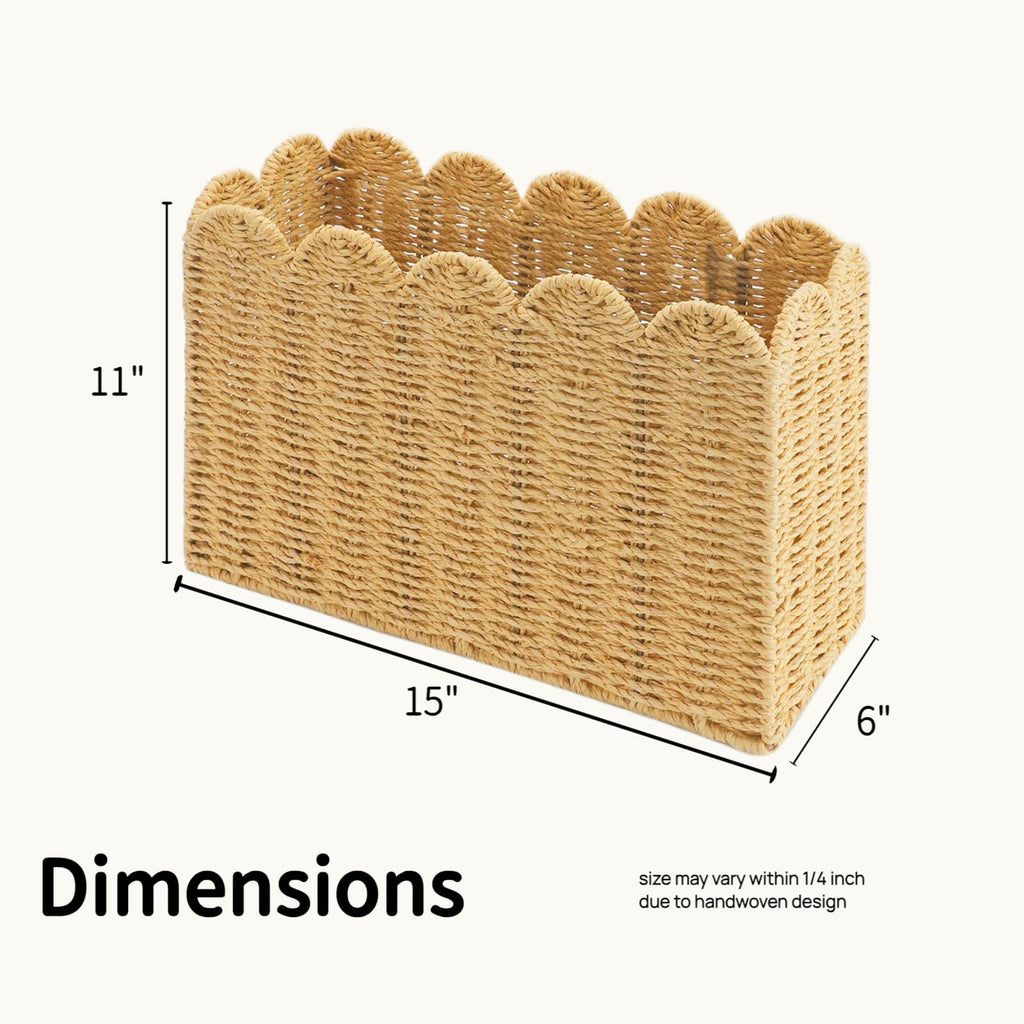 Scalloped Edge Khaki Paper Rope Floor Magazine Holder Basket, Woven Magazine Rack for Office & Home Office, Magazine File Holder Organizer for Mail, Newspapers, Books