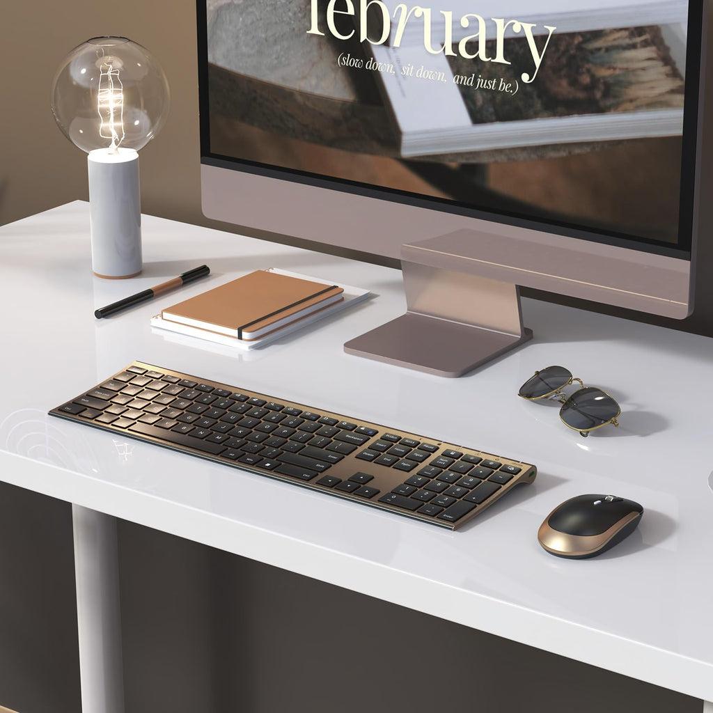 Wireless Keyboard and Mouse, Vssoplor 2.4GHz Rechargeable Compact Quiet Full-Size Keyboard and Mouse Combo with Nano USB Receiver for Windows, Laptop, PC, Notebook-Black Gold