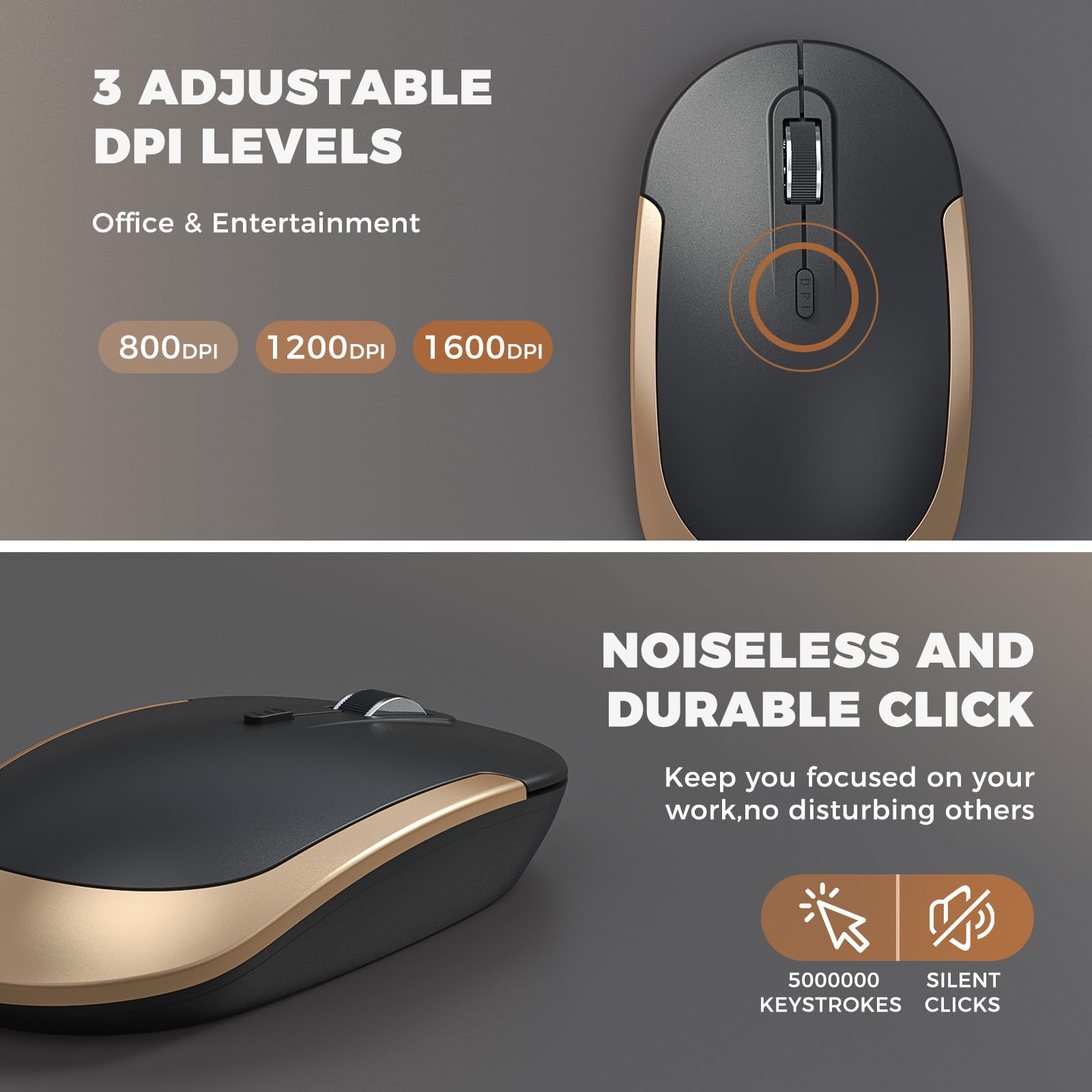 Wireless Keyboard and Mouse, Vssoplor 2.4GHz Rechargeable Compact Quiet Full-Size Keyboard and Mouse Combo with Nano USB Receiver for Windows, Laptop, PC, Notebook-Black Gold