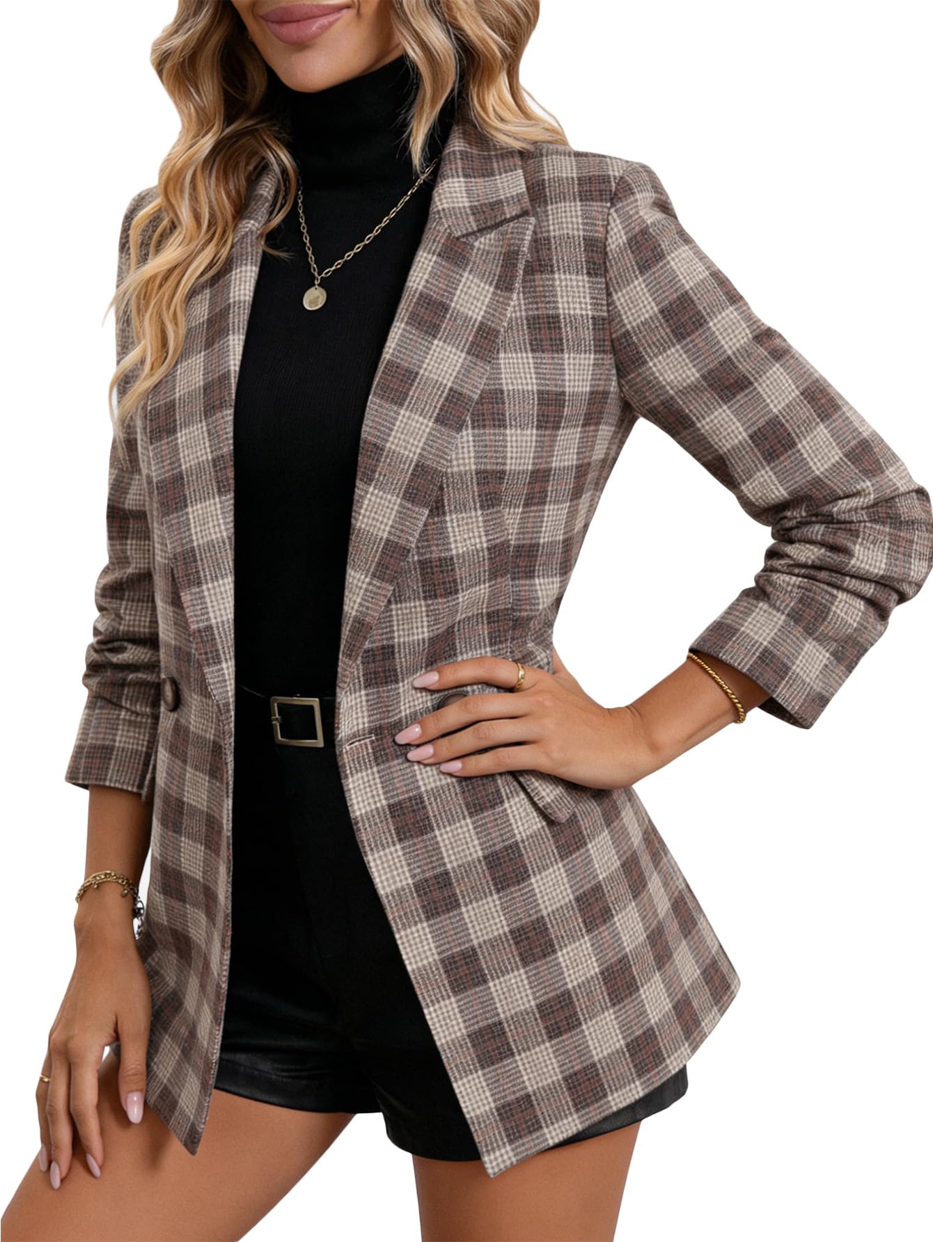 Mina Self Plaid Blazer Jacket for Women Houndstooth 2026 Fall Winter Business Caual Tan Brown Work Office Womens Trendy Boyfriend Professional Fashion Dressy Ladies Women's Blazers & Suit Jackets