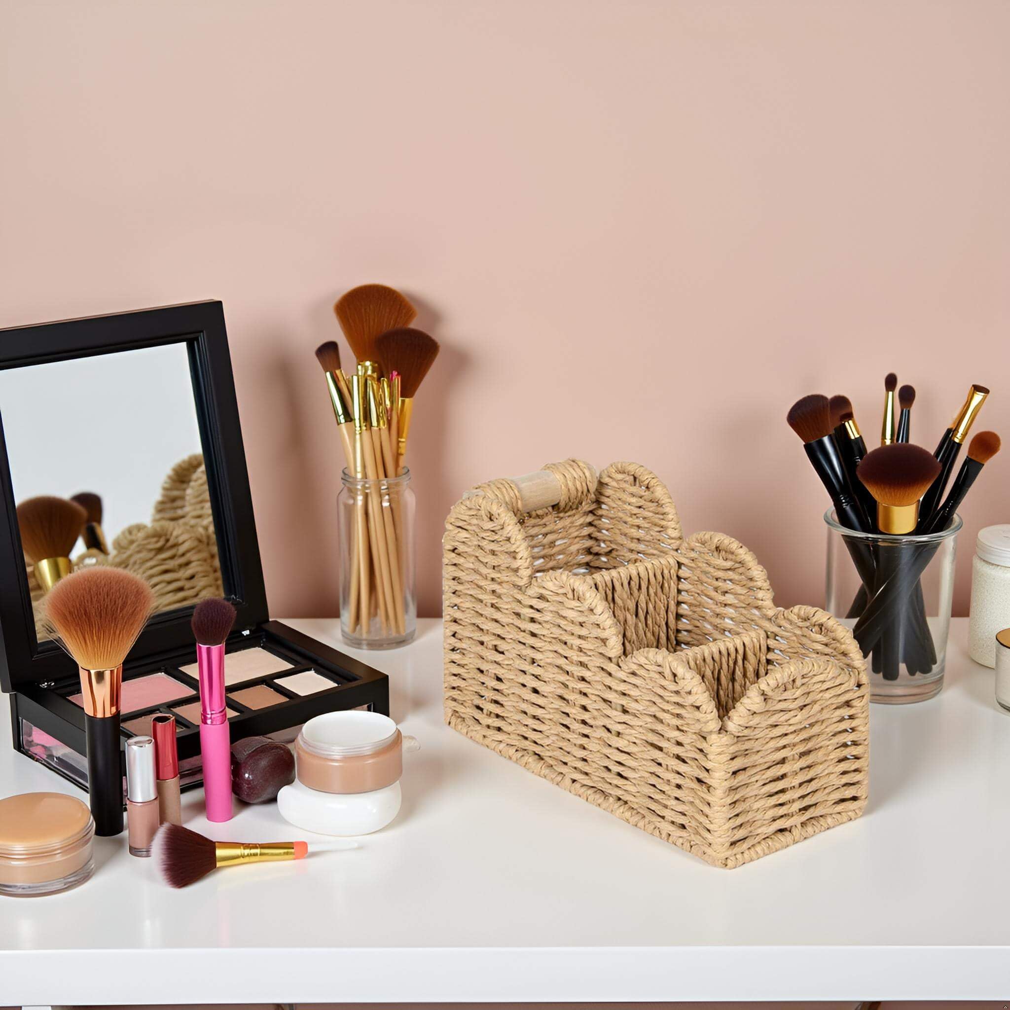 CubesLand Bedside Table Desk Organizer Caddy, Remote Pen&Pencil Holder Cup, Makeup Brush Holder w/Scalloped Perfect for Home, Office Desk, Living Room Table Decor, 3 Slots Beige