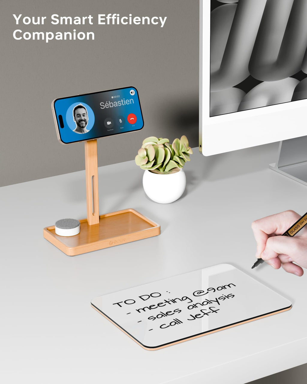 YEOUX Premium Desktop Glass Whiteboard & Magnetic Phone Stand 2-in-1 | 360° Adjustable | Solid Wood | Compatible with MagSafe, Small Dry Erase Board for Office Home Desk
