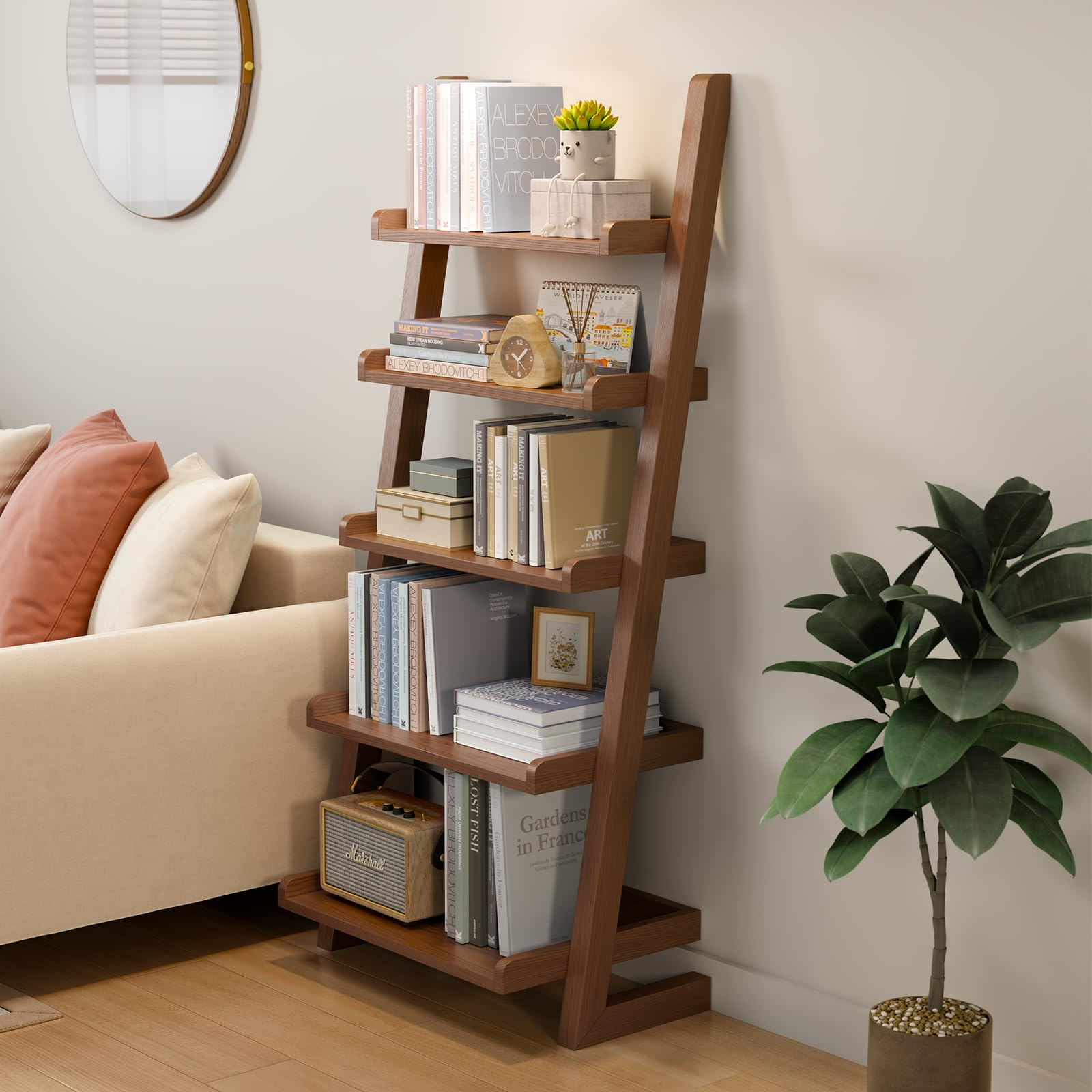AQIMUELE Walnut Wooden Ladder Shelf with Edges, 5-Tier Modern Leaning Bookshelf Ladder – Stylish Space-Saving Bookcase for Living Room, Bedroom & Home Office