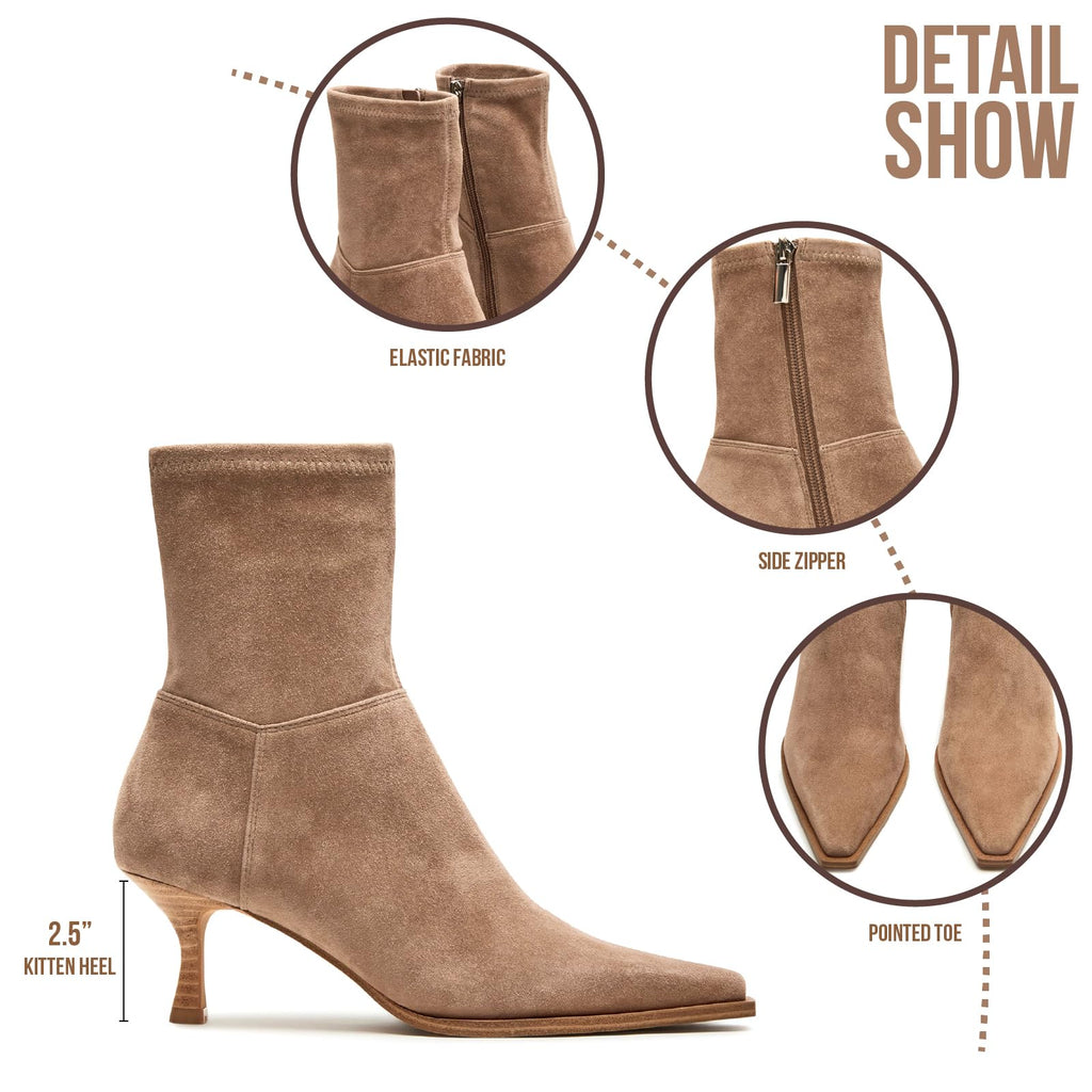 Goiphrri Brown Ankle Boots for Women Stiletto High Heel Boot Pointed Toe Short Booties Side Zipper Dress Kitten Heel Booties Elastic Fashion Trendy Fall Boots Size 7.5