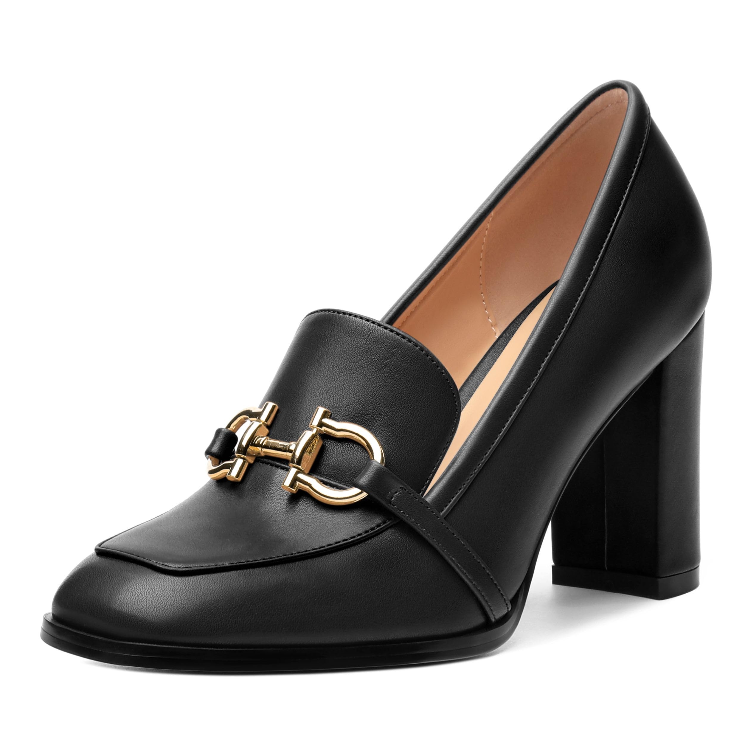 WEANDWEI Women's Loafers - Square Toe High Heels Shoes for Women, Metal Buckle Fashion Women's Pumps Shoes for Party Dress Wedding Office Black Matte Size 7.5