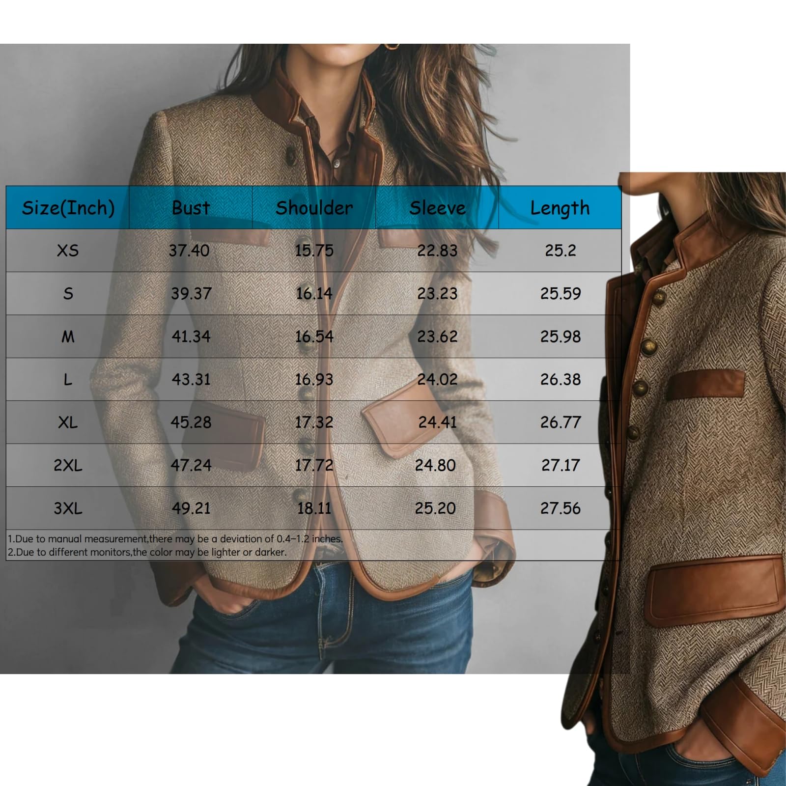 Tweed Blazers For Women, Vintage Eco Leather Trim Pocket Tweed Jacket Long Sleeve Stand Collar Slim Fit Herringbone Jackets (Brown,Medium)