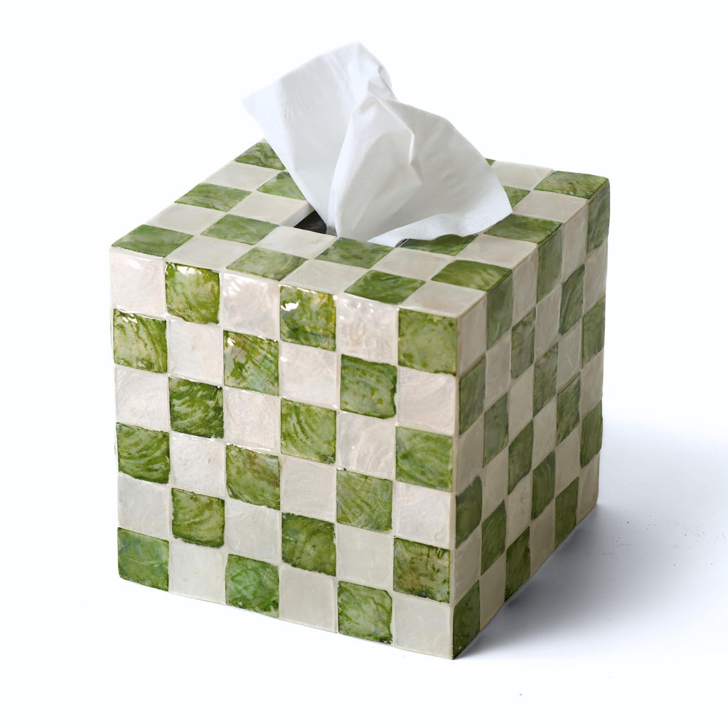 CHI AN HOME 5.7" Square Tissue Box Cover, Handmade Checkered Cube Tissue Box Cover with Capiz Shells, Decorative Tissue Holder for Living Room, Bathroom, Bedroom or Office (Pistachio Green)