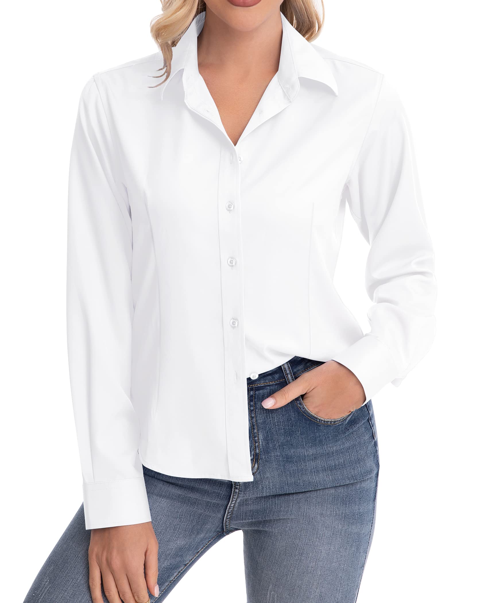 siliteelon Womens Classic-Fit Dress Shirts Long Sleeve Button Down Wrinkle-Free Stretch Solid Casual Work Office Blouse Top White Medium
