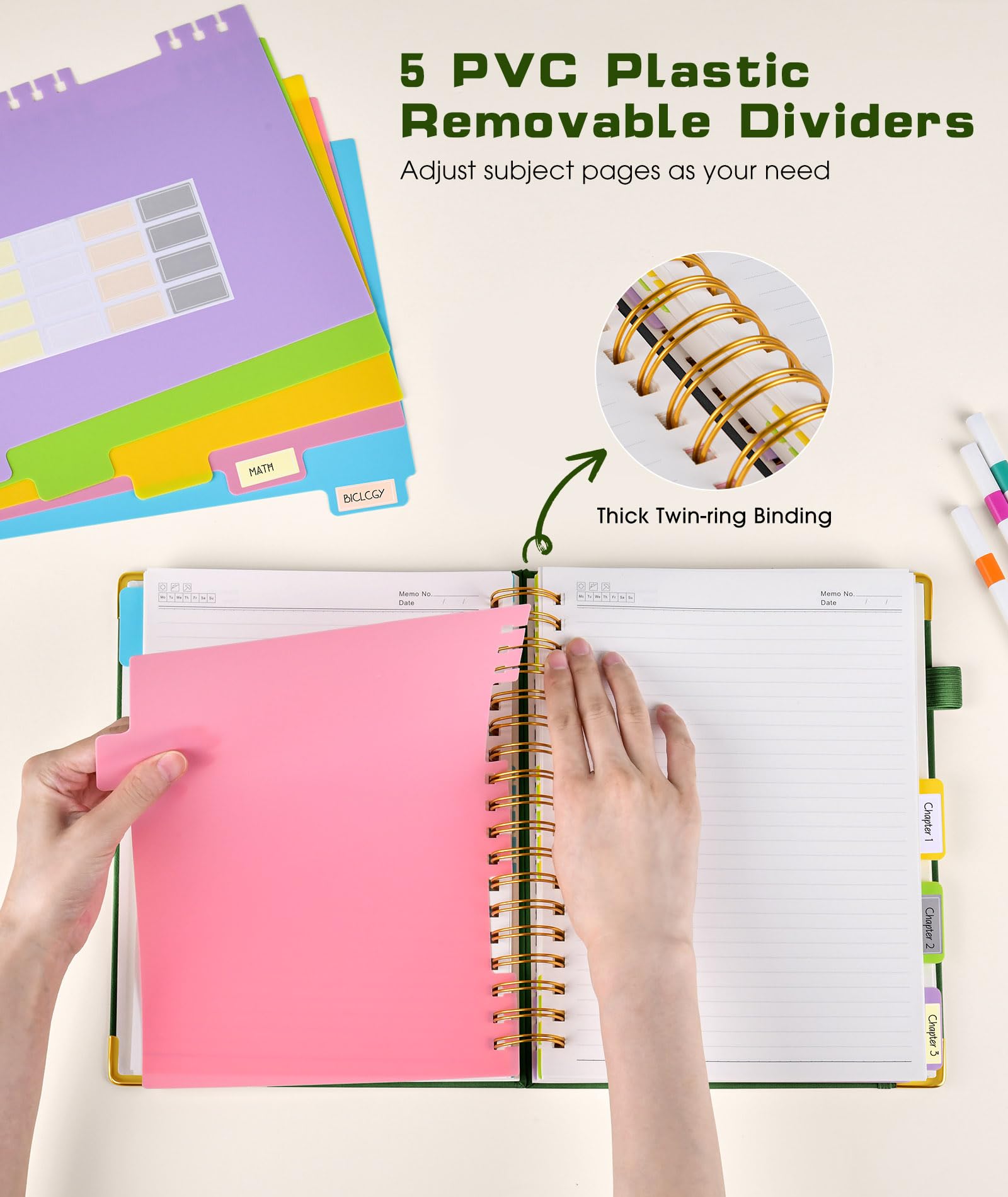 Hardcover Spiral Notebook journal with Removable Dividers Tabs, 300 Pages Leather 5 Subject Notebook College Ruled, 8"x10" Large B5 Notebooks for Work School Note taking, Lined Journal for Women,Green