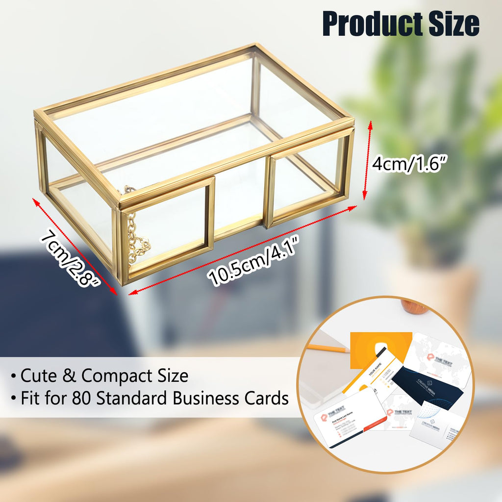 BTSKY Golden Glass Business Card Storage Box with Hinge Lid, Business Card Holder for Desk, Name Card Display Stand for Office Countertop, Business Card Storage Organizer Office Desk Accessories