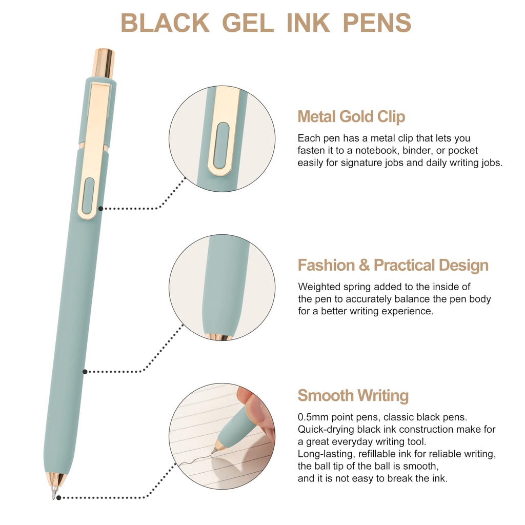 Linbsunne Gel Pens Black Ink Pens for Office 0.5mm Fine Point Pen Smooth Writing Retractable (Metal gold clip-10 pcs)
