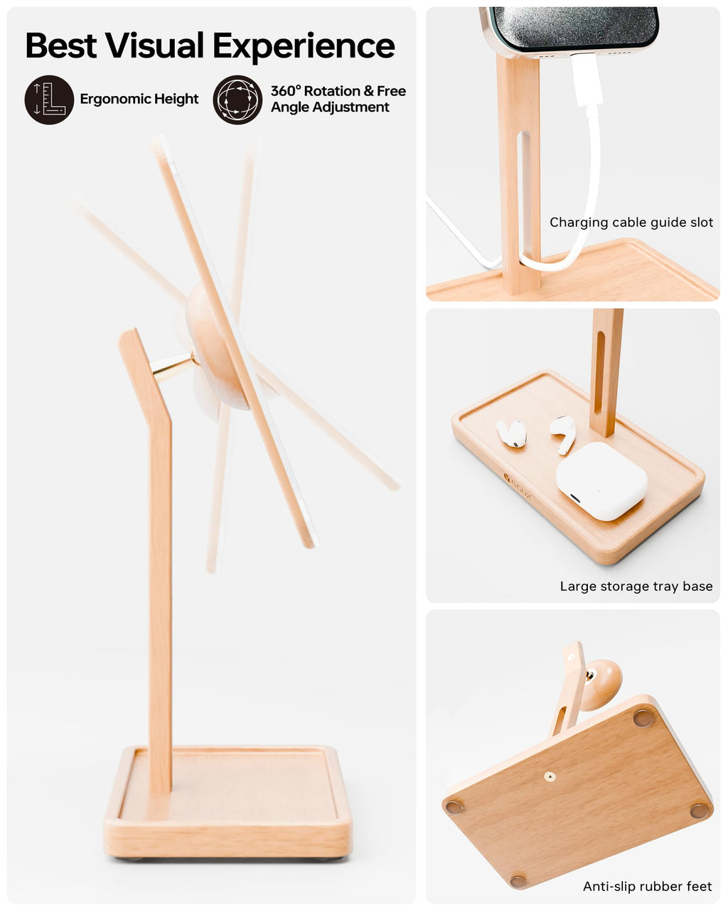 YEOUX Premium Desktop Glass Whiteboard & Magnetic Phone Stand 2-in-1 | 360° Adjustable | Solid Wood | Compatible with MagSafe, Small Dry Erase Board for Office Home Desk