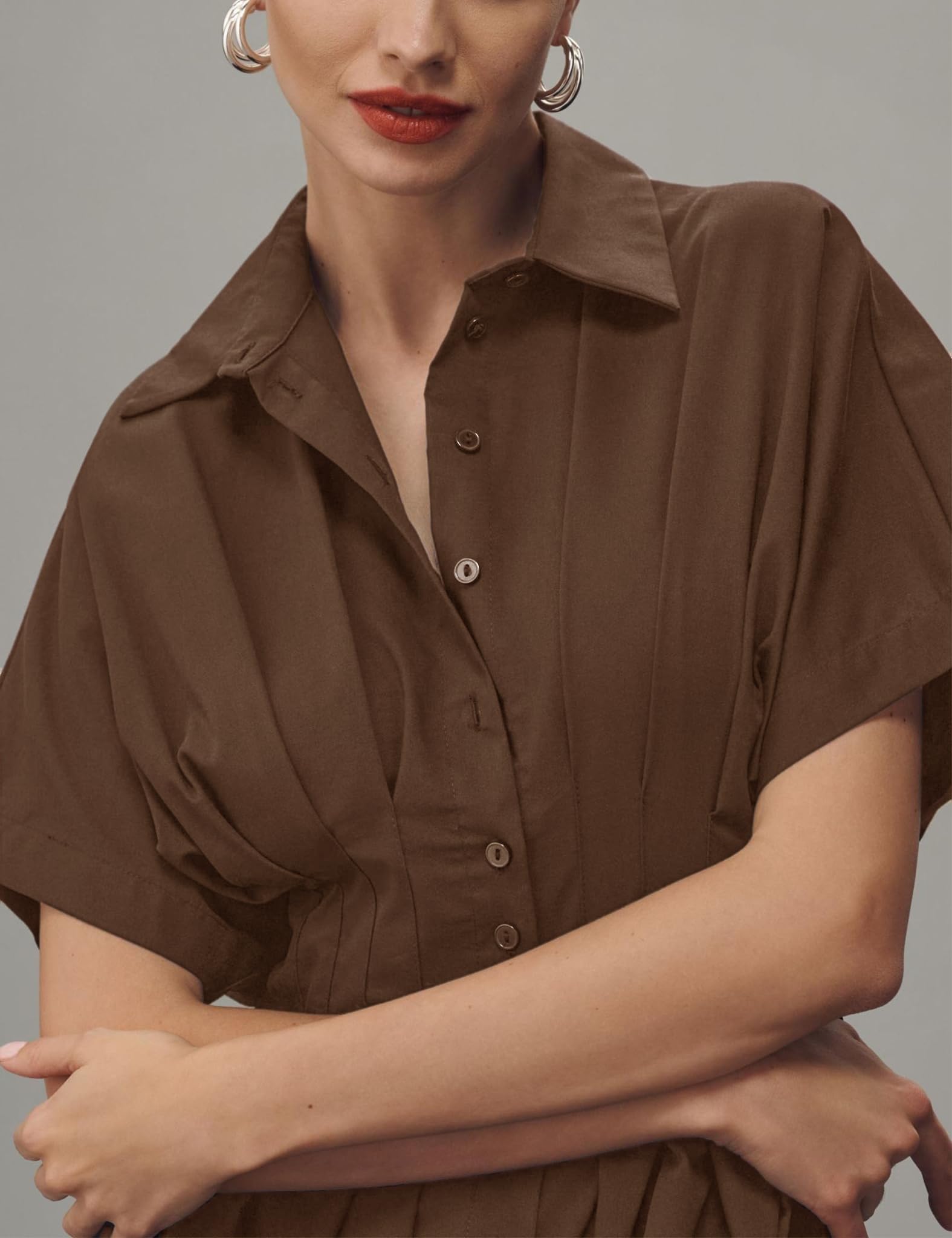 Yeokou Shirt Dress for Women Summer Casual Short Sleeve Button Down Loose Pleated Maxi Sundress with Pockets (Brown-L)
