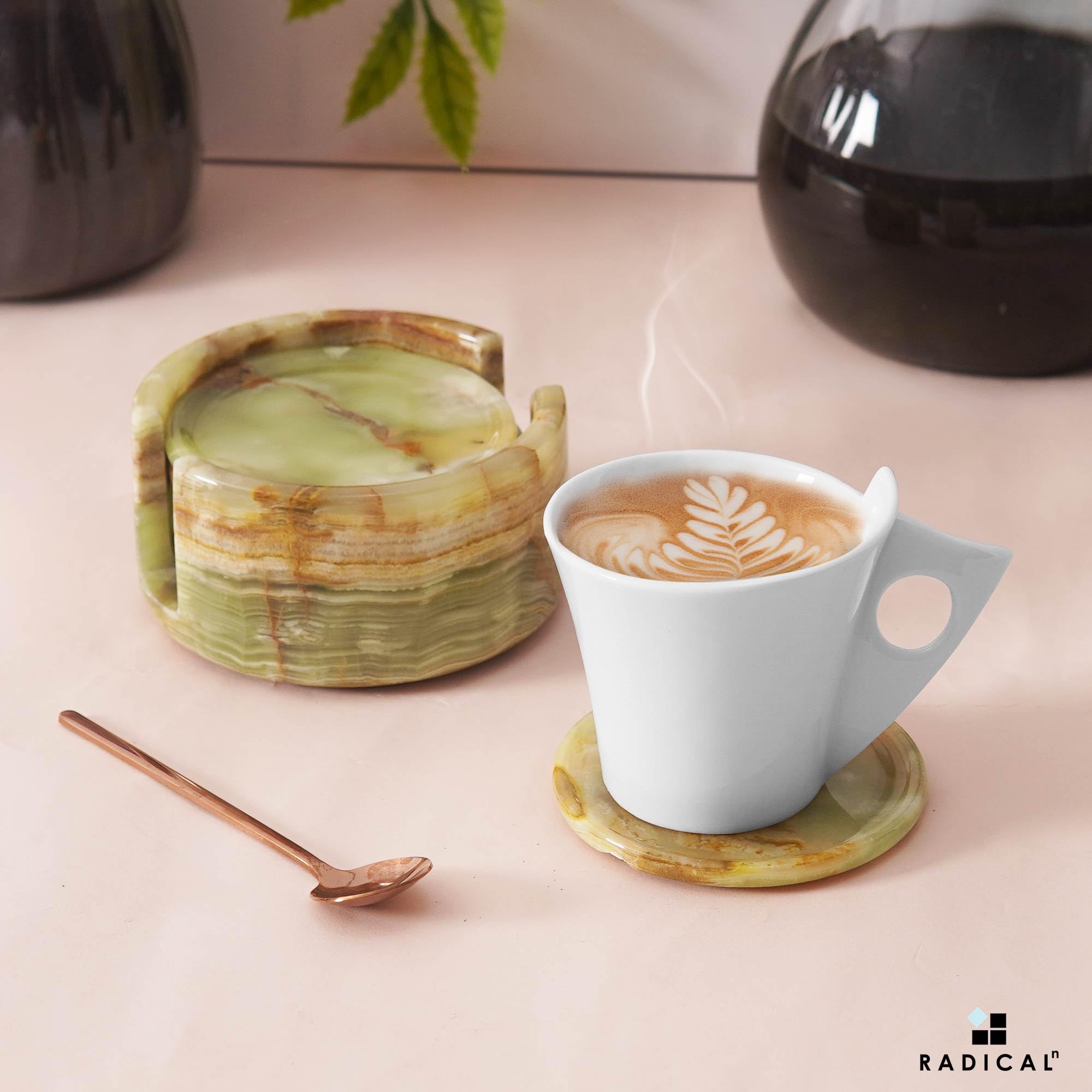 Marble Coasters Set of 6 Green Onyx 3.5 Inch Round Coaster for Drinks with Holder, Drink Coaster for Tabletop & Coffee Table Decor, Ideal Home Decor