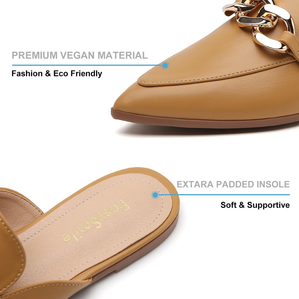 EasySmile Metal Chain Decor Flat Mules for Women Closed Pointed Toe Slip on Loafers Slides Backless Mules Shoes