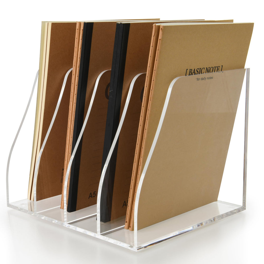 AIMOLLY Acrylic Magazine File Holder, 4 Vertical Compartments Desk Document Sorter Organizer, Clear Folder Rack Binder for Office/Home/Classroom, for Documents, Tablet, Magazines, Books & Accessories