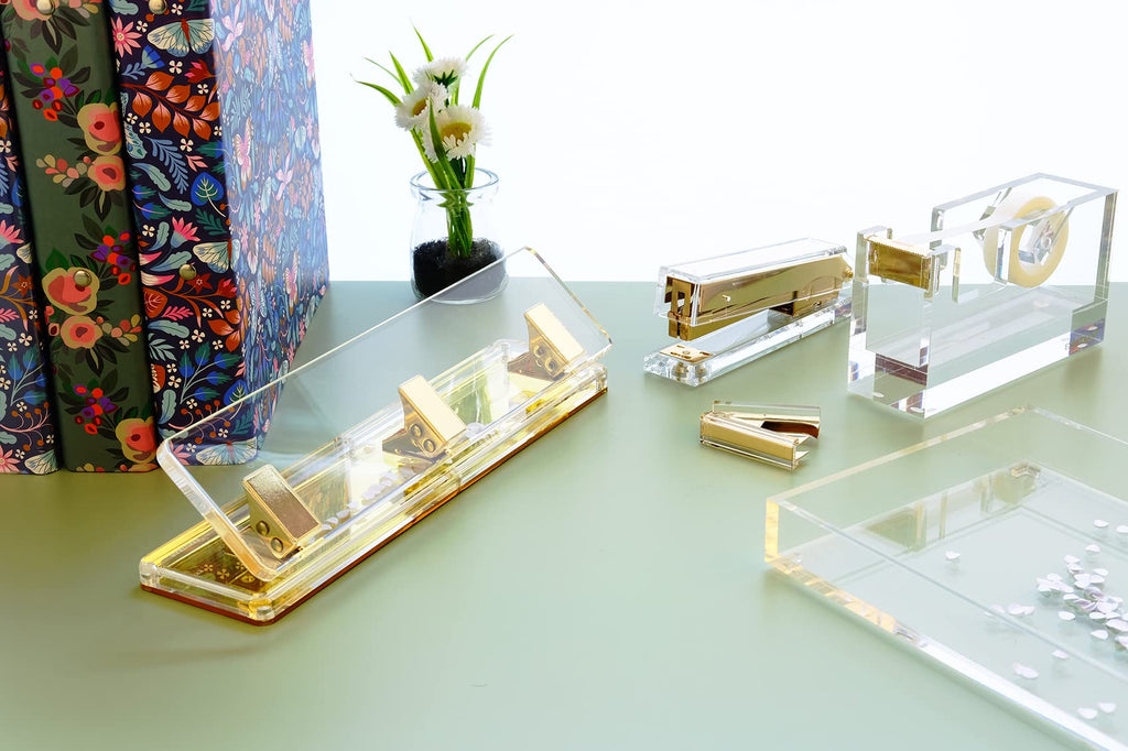 EXPUTRAN Acrylic and Gold Standard 3 Hole Punch,10 Sheet Capacity, Desktop Hole Puncher 3 Ring, Office Desktop Accessory,Clear/Gold