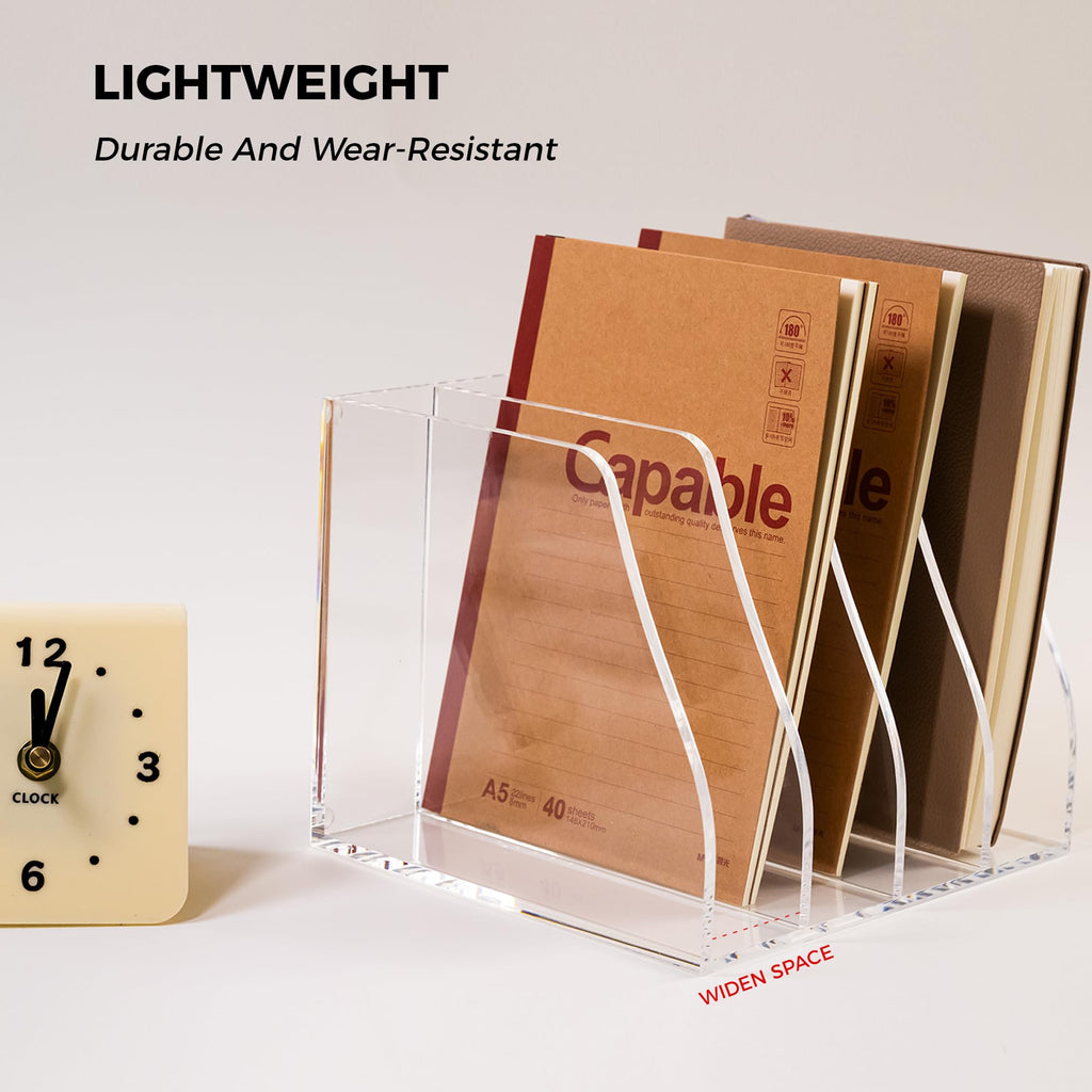 AIMOLLY Acrylic Magazine File Holder, 4 Vertical Compartments Desk Document Sorter Organizer, Clear Folder Rack Binder for Office/Home/Classroom, for Documents, Tablet, Magazines, Books & Accessories