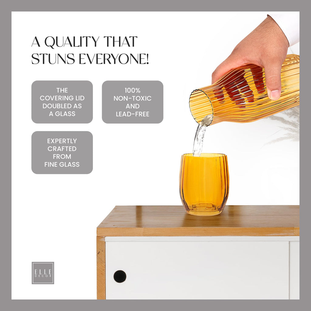 elle decor Ribbed Bedside Water Carafe with Tumbler Set | Ribbed Glass Pitcher and Matching Drinking Glass Doubles as Lid | 39-Ounce Jug for Guest Room, Office, or Gift | 4” x 9.5” (Amber)