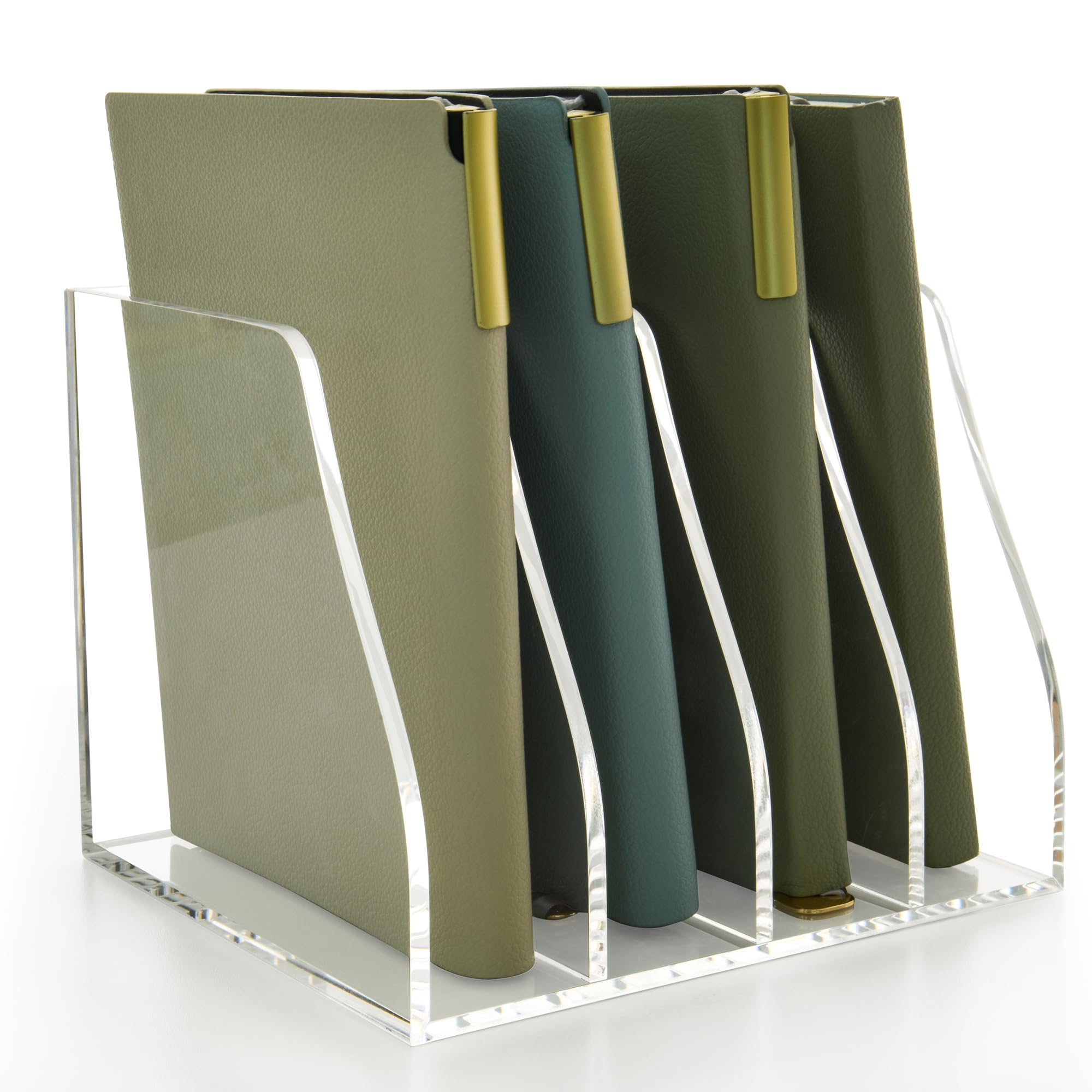 AIMOLLY Acrylic Magazine File Holder, 4 Vertical Compartments Desk Document Sorter Organizer, Clear Folder Rack Binder for Office/Home/Classroom, for Documents, Tablet, Magazines, Books & Accessories