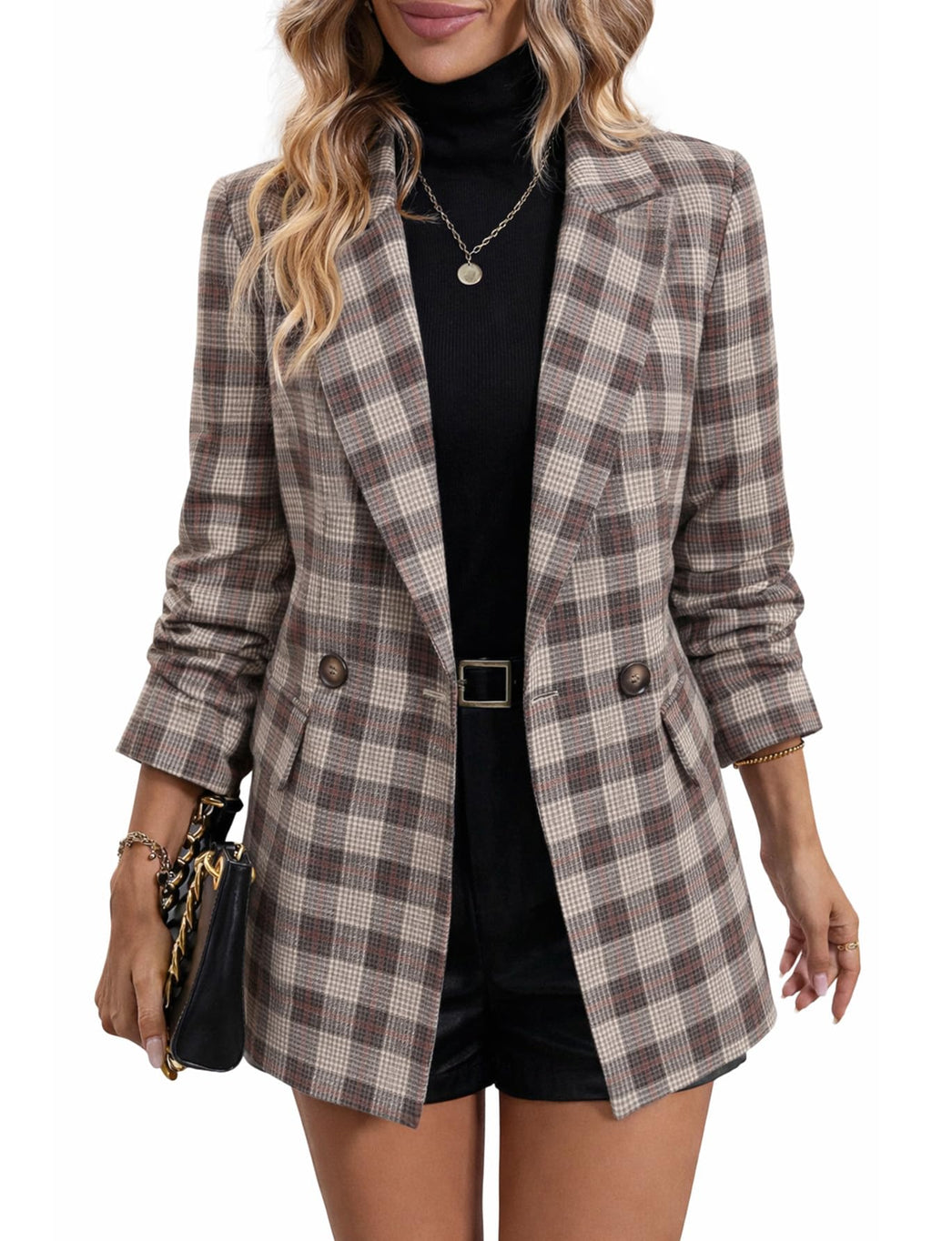 Mina Self Plaid Blazer Jacket for Women Houndstooth 2026 Fall Winter Business Caual Tan Brown Work Office Womens Trendy Boyfriend Professional Fashion Dressy Ladies Women's Blazers & Suit Jackets