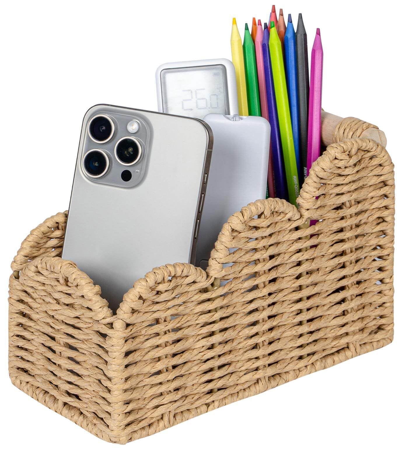 CubesLand Bedside Table Desk Organizer Caddy, Remote Pen&Pencil Holder Cup, Makeup Brush Holder w/Scalloped Perfect for Home, Office Desk, Living Room Table Decor, 3 Slots Beige