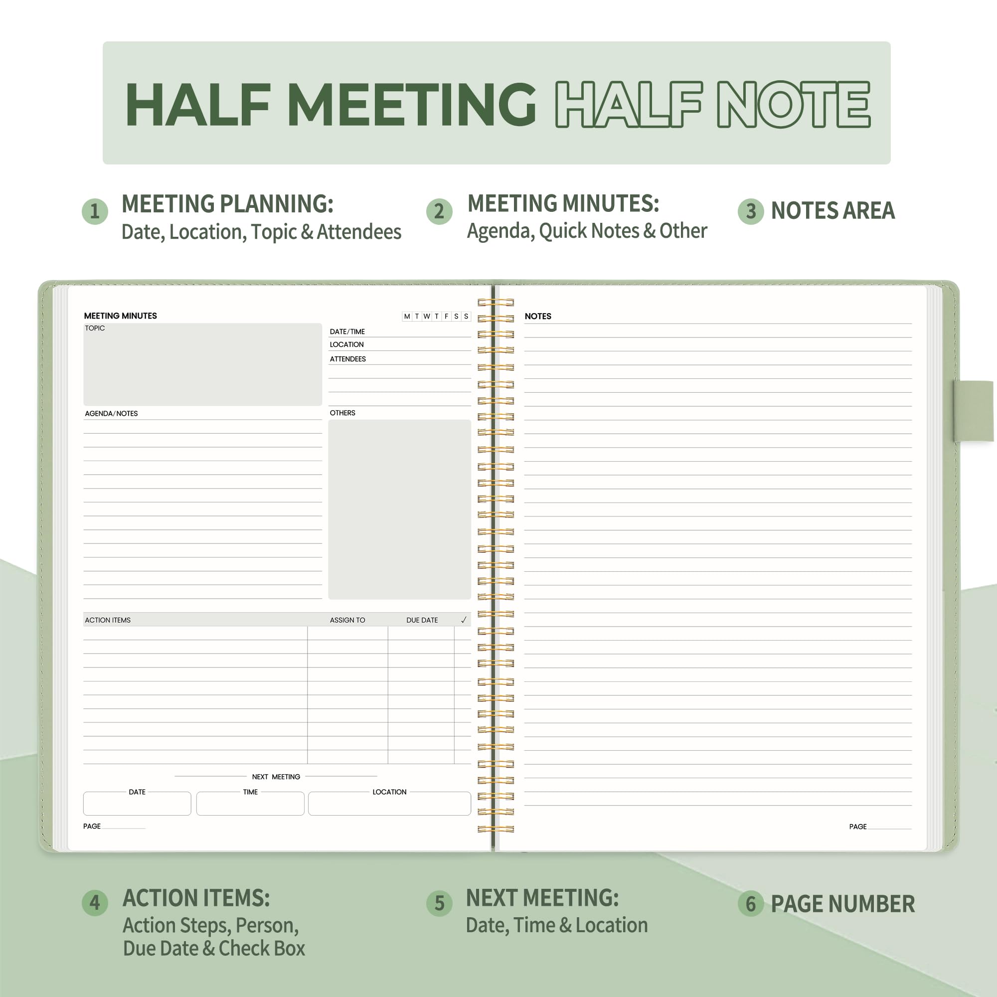 SUNEE Half Meeting Half Note - 8.5"x11" Professional Notebooks for Work - 160 Pages, A4 Size Project Planner, Spiral Meeting Agenda Organizer for Women Men, Note Taking,Office with Vegan Leather Cover