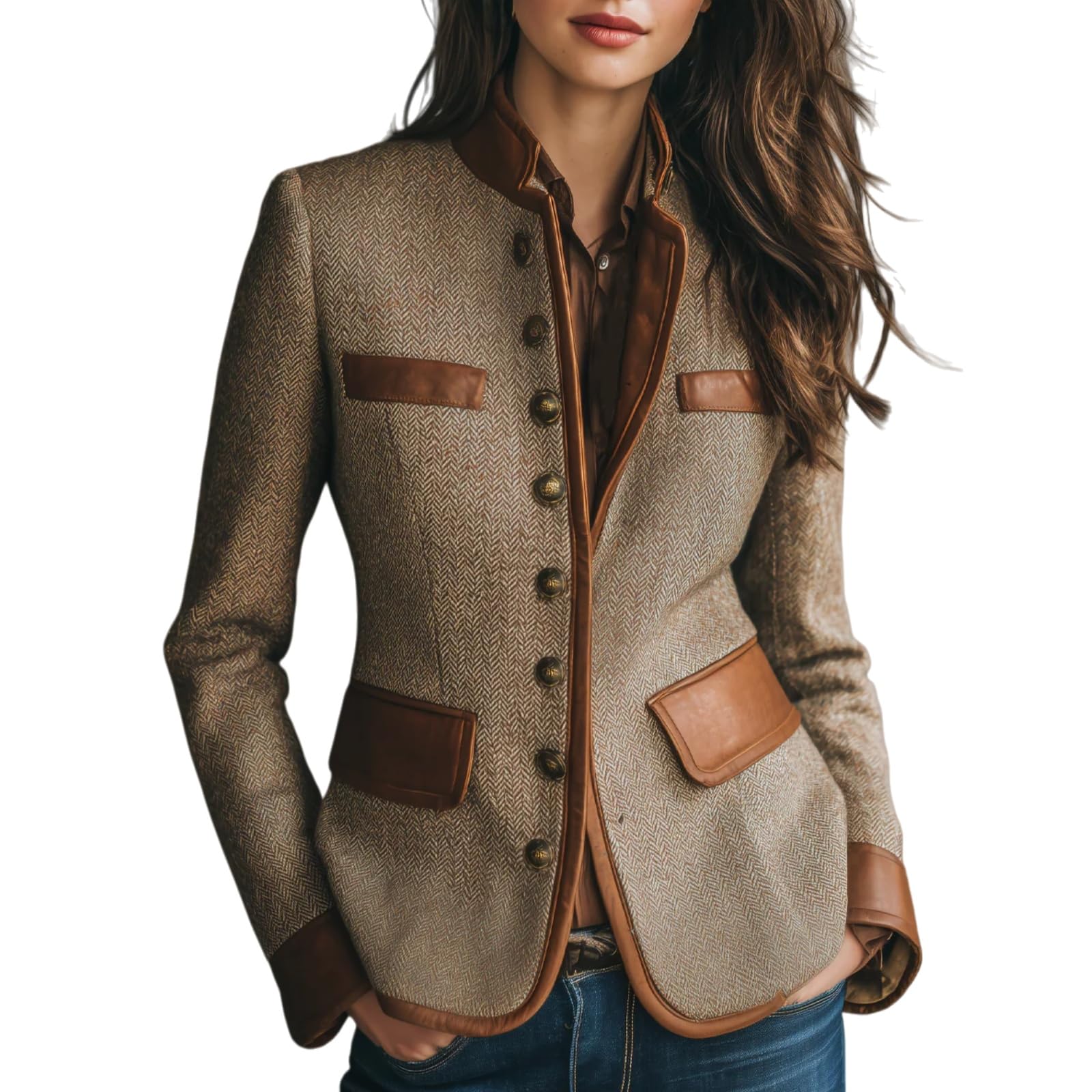 Tweed Blazers For Women, Vintage Eco Leather Trim Pocket Tweed Jacket Long Sleeve Stand Collar Slim Fit Herringbone Jackets (Brown,Medium)