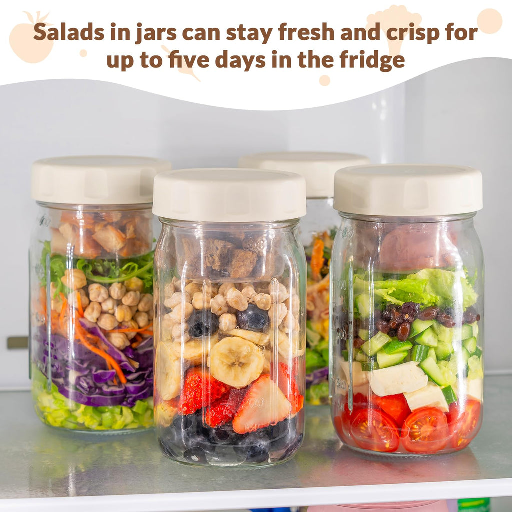 SOLIGT 4 Pack Glass Salad Jars with Lids Meal Prep, Leakproof Container for Lunch, Two Small Built-in Boxes with Wet/Dry Separation for Salad Dressing and Dry Ingredients, 32oz Mason Jars