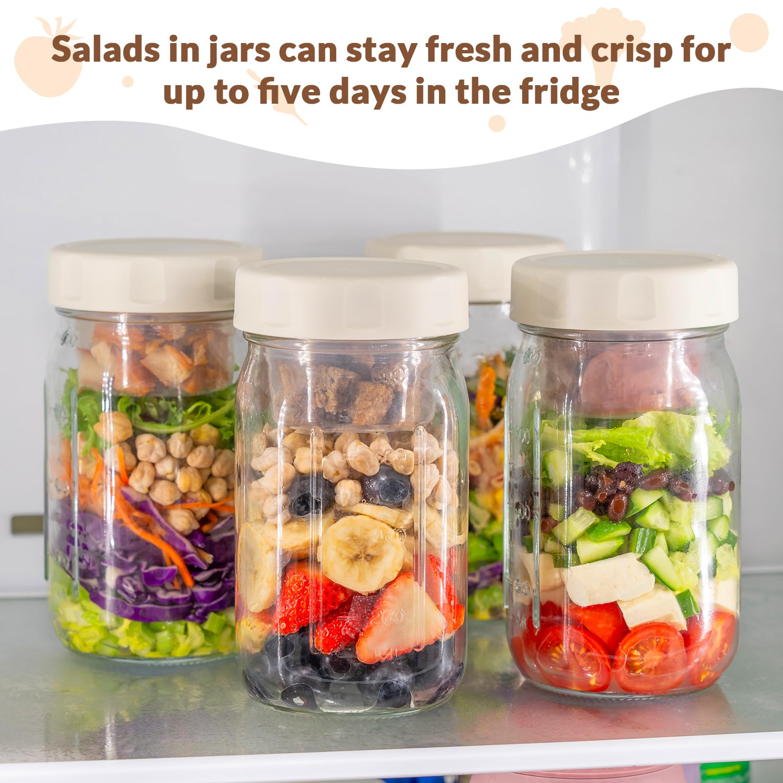 SOLIGT 4 Pack Glass Salad Jars with Lids Meal Prep, Leakproof Container for Lunch, Two Small Built-in Boxes with Wet/Dry Separation for Salad Dressing and Dry Ingredients, 32oz Mason Jars