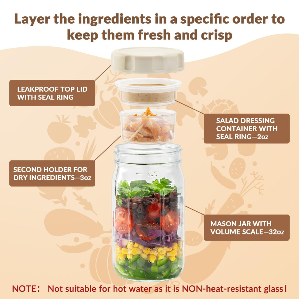 SOLIGT 4 Pack Glass Salad Jars with Lids Meal Prep, Leakproof Container for Lunch, Two Small Built-in Boxes with Wet/Dry Separation for Salad Dressing and Dry Ingredients, 32oz Mason Jars