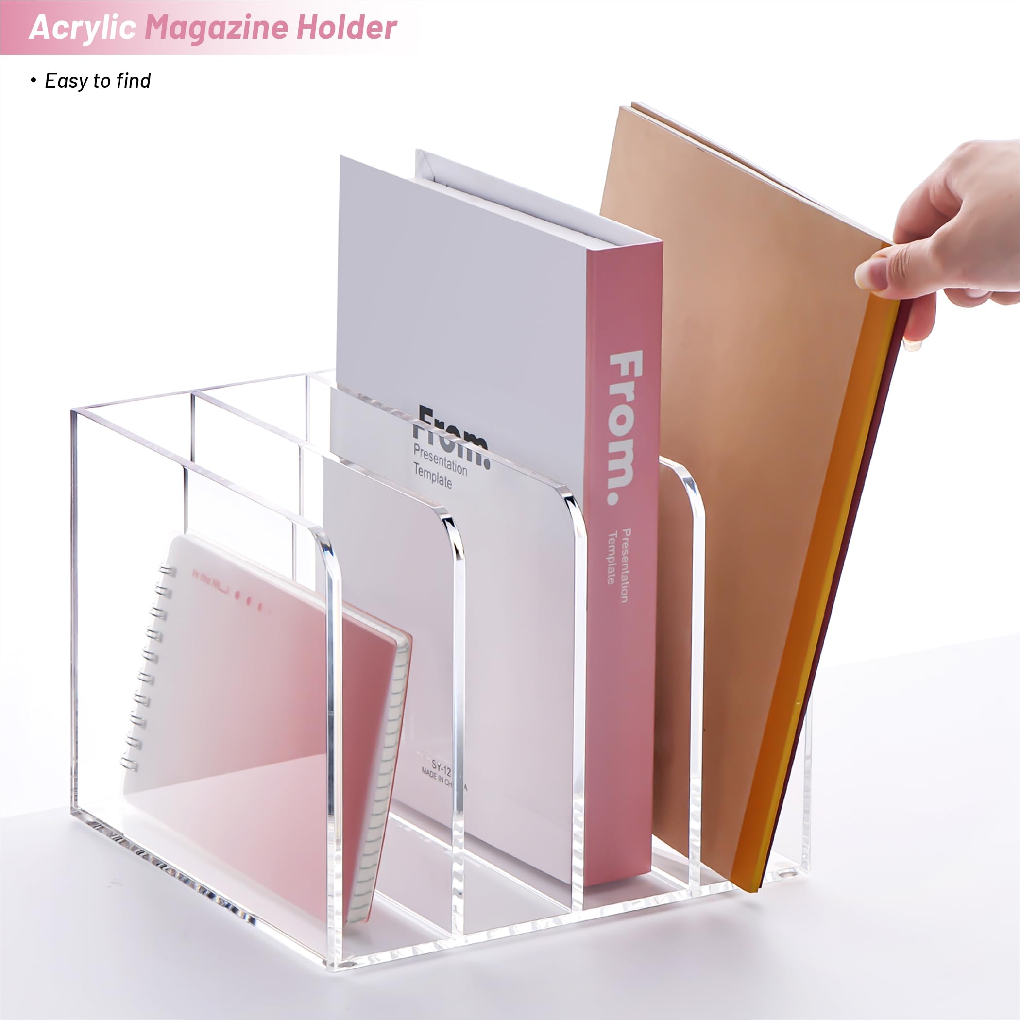 YUXUN Acrylic Magazine Holder,Clear Desk Organizer File Sorter for Notebook,Paper,Envelope,Magazine, Book Storage-Office/Home/Classroom Organization(4 Compartments,B5)