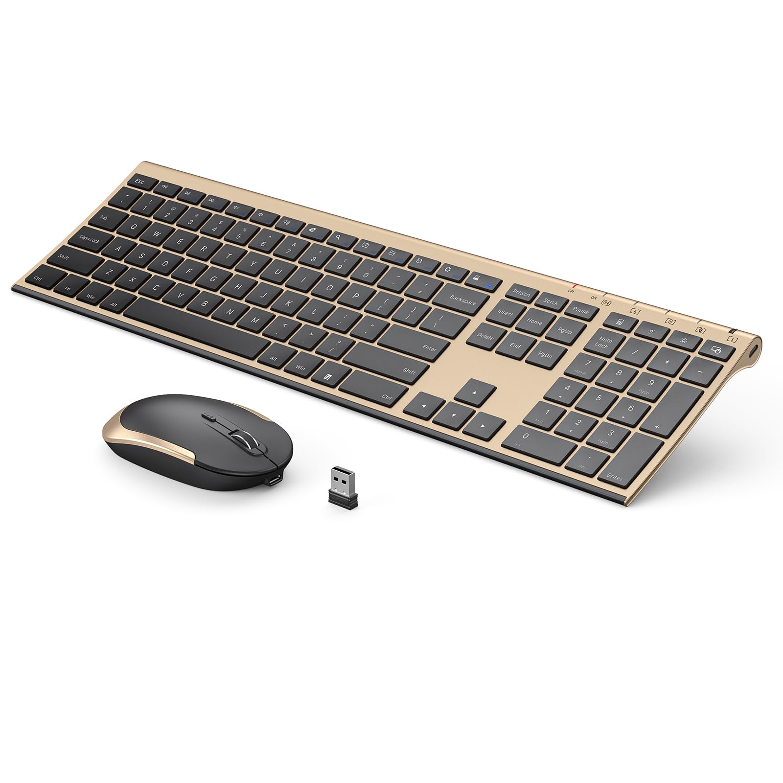 Wireless Keyboard and Mouse, Vssoplor 2.4GHz Rechargeable Compact Quiet Full-Size Keyboard and Mouse Combo with Nano USB Receiver for Windows, Laptop, PC, Notebook-Black Gold
