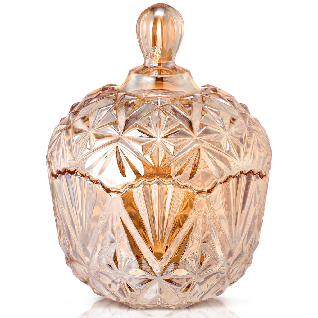 DoubleFill 26 oz Large Glass Candy Dish with Lids Crystal Candy Jar with Lid Halloween Decorative Covered Glass Jar Jewelry Box Wedding Buffet Biscuit Containers for Snacks(Amber,Classic)