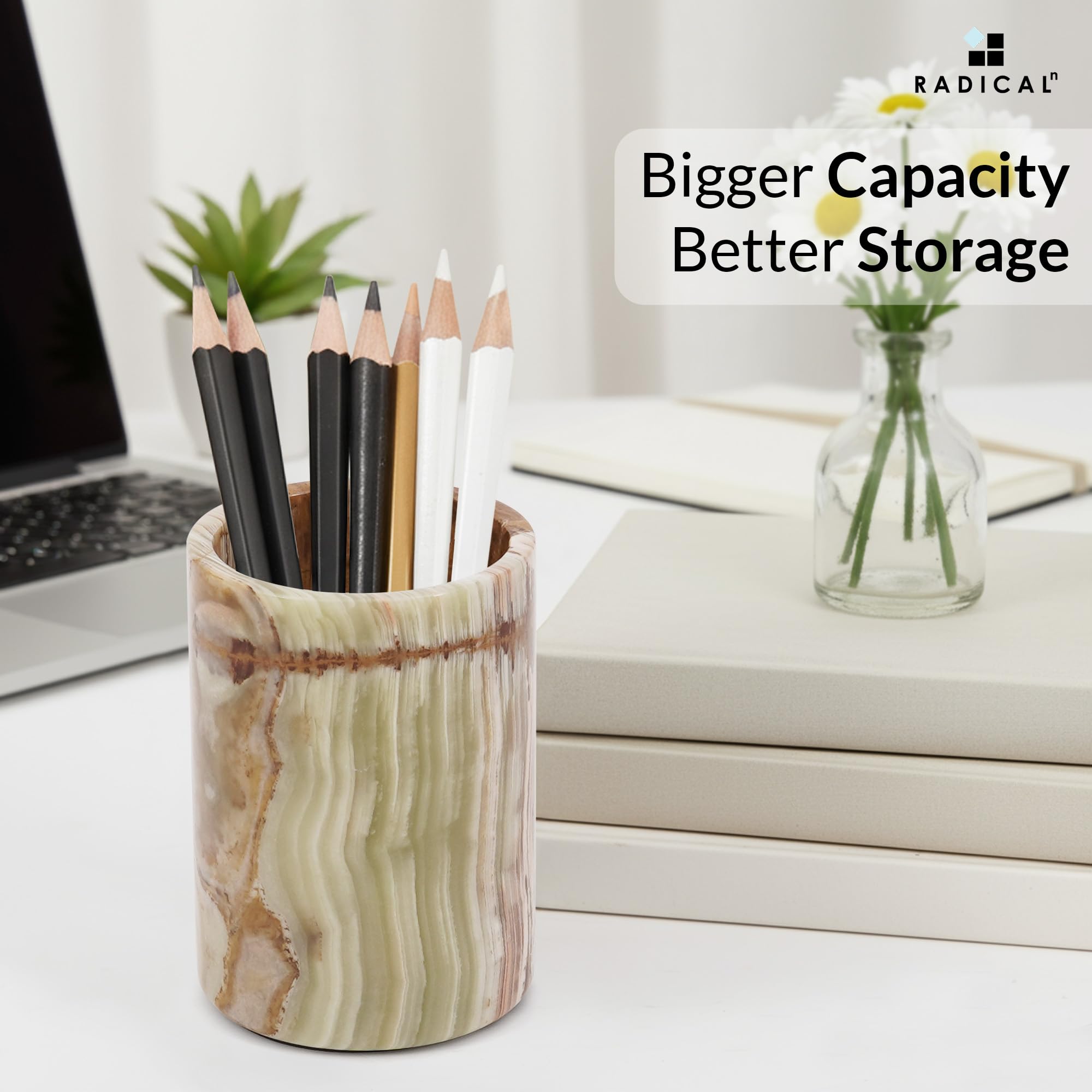 Radicaln Marble Pen Holder For Desk 4" Inches Green Onyx Handmade Stationary Holder For Office Supplies, Ideal Pencil Holders & Desk Organizer, Use for Makeup Accessories