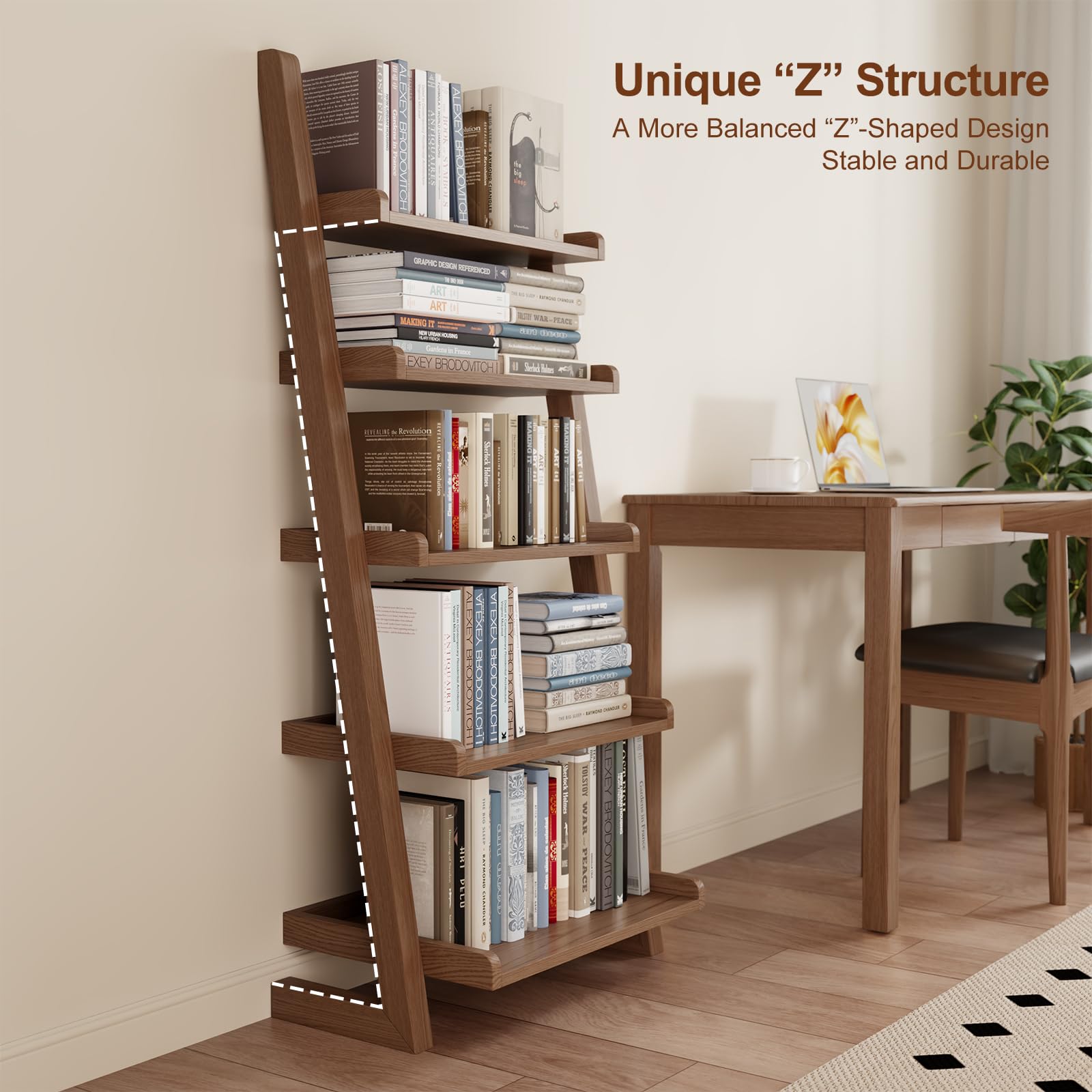 AQIMUELE Walnut Wooden Ladder Shelf with Edges, 5-Tier Modern Leaning Bookshelf Ladder – Stylish Space-Saving Bookcase for Living Room, Bedroom & Home Office