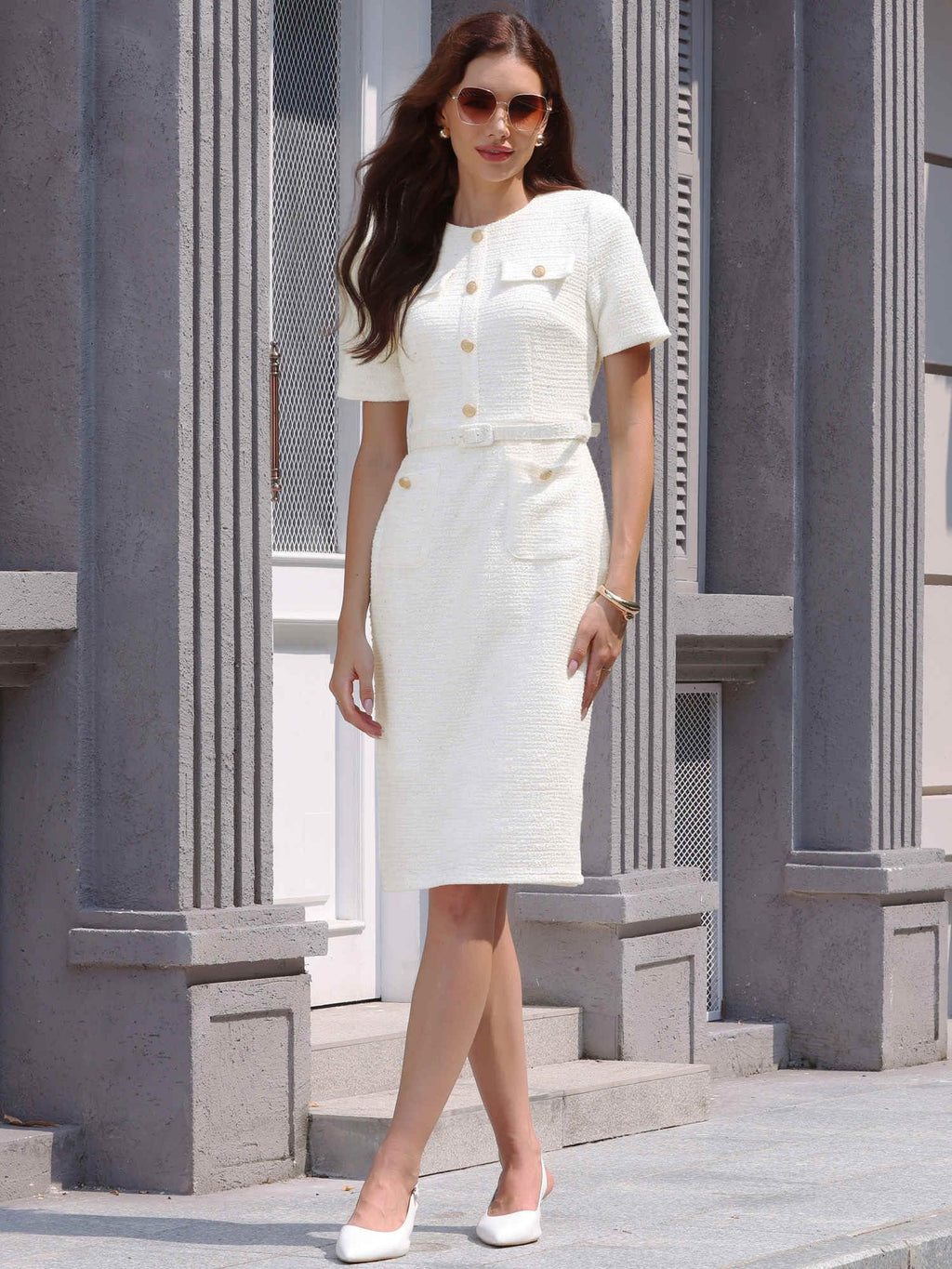 Hobemty Women's Tweed Sheath Dress with Belted Short Sleeve Work 2026 Pencil Dress Large Beige White