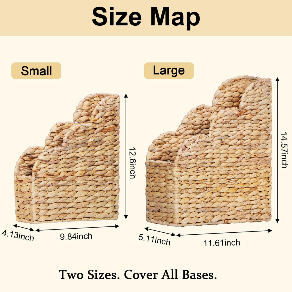 BROWNLILY Water Hyacinth Magazine Holders with Scalloped Edge - Natural Handwoven Rattan Storage Baskets Set of 2 (Large & Small) for Books, Home Office Decor