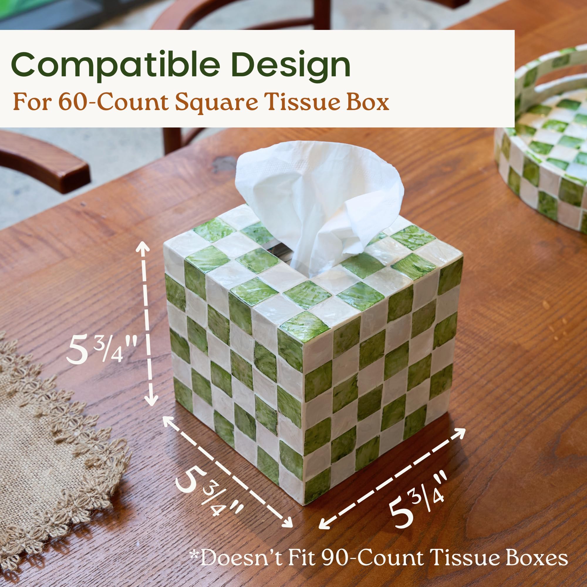 CHI AN HOME 5.7" Square Tissue Box Cover, Handmade Checkered Cube Tissue Box Cover with Capiz Shells, Decorative Tissue Holder for Living Room, Bathroom, Bedroom or Office (Pistachio Green)