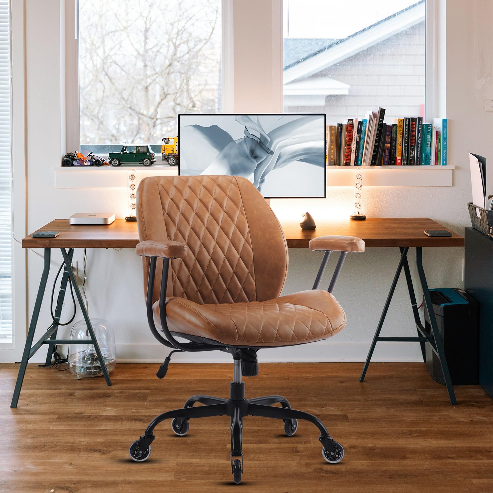 YFO Home Office Desk Chair Office Rubber Casters Ergonomic Computer Chair with Lumbar Support Adjustable Height Rolling Swivel Executive Task Armrests Chair， Brown Leather