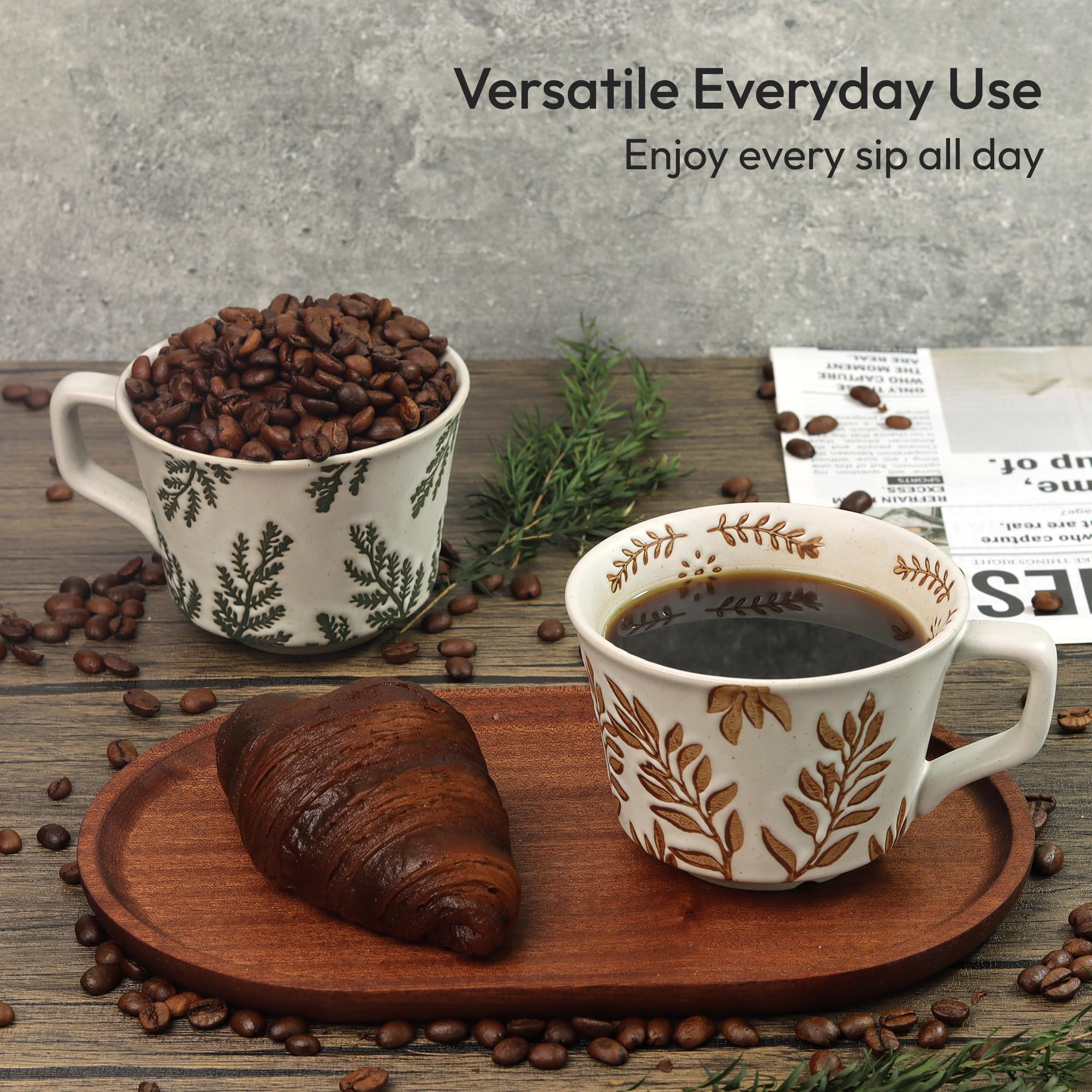 LINVIA Ceramic Coffee Mug, 12 oz Novelty Unique Teacup with Handle, Stoneware Cup for Tea Mocha Latte Cappuccino Espresso (Leaf)